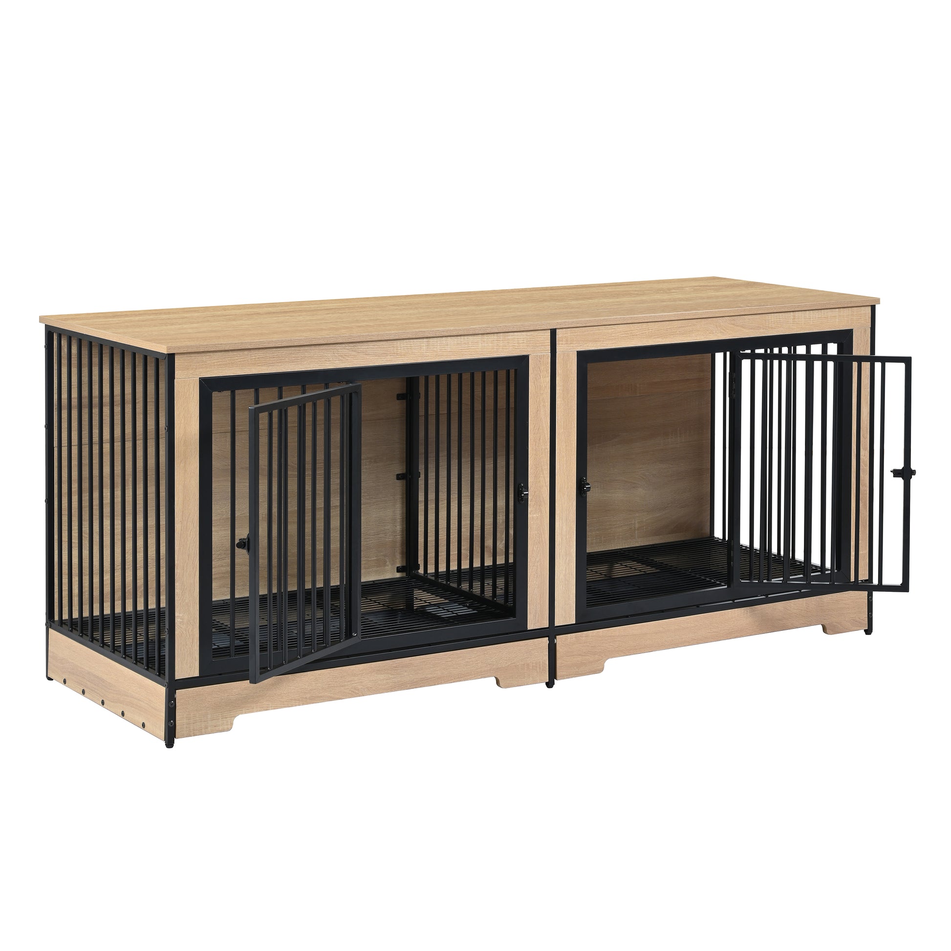 Dog Crate Furniture With Two Combined Room, Xl Large Double Dog Cage Furniture With Tray For Medium Large Dogs, Wooden Dog Kennel Furniture Black Natural Mdf Iron