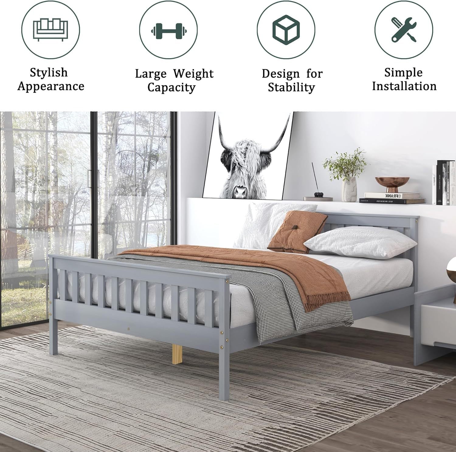 Twin Bed Frames With Headboard, Solid Wooden Platform Bed With Corner, Modern Low Profile Bed Frame, No Box Spring Needed, Grey Twin Grey Wood