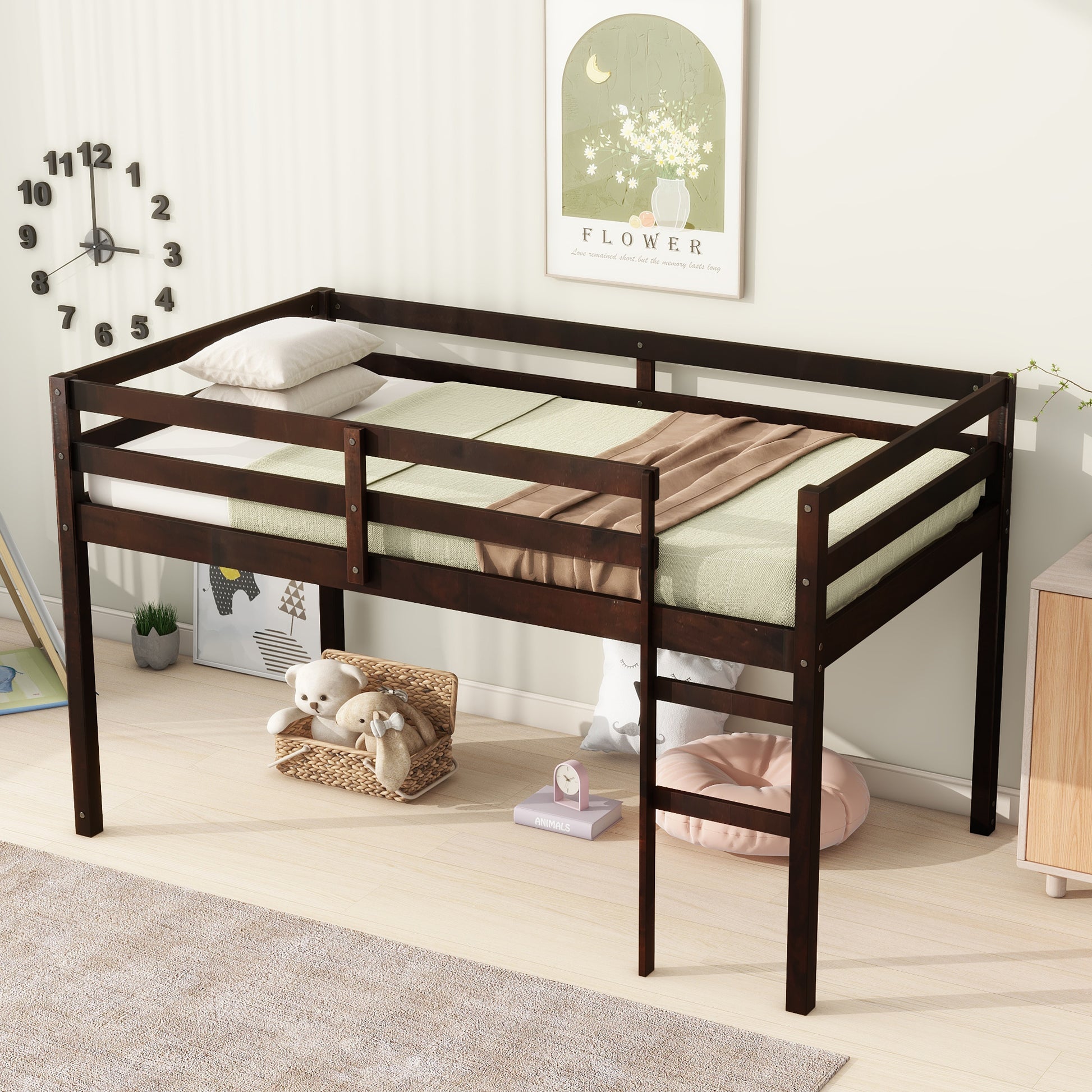 Solid Wooden, Rubber Wooden Twin Loft Bed With Ladder, Bed Platform Of Strengthened Slatsespresso Twin Espresso Rubber Wood