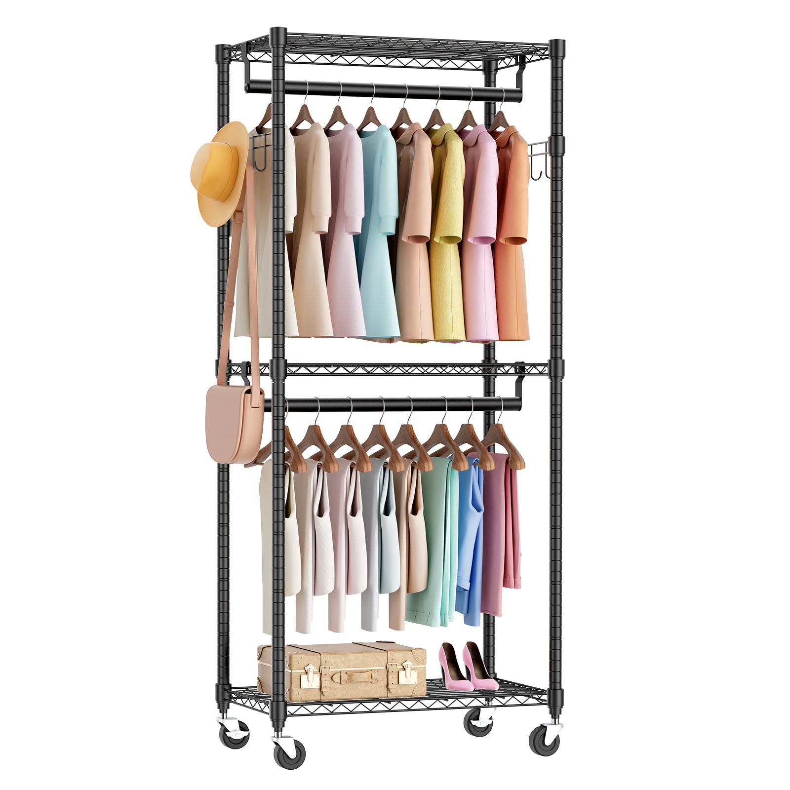 Mini Rolling Clothes Rack, Heavy Duty Garment Racks 3 Tiers Portable Adjustable Wire Shelves With Wheels, Hanging Rods & Side Hooks Metal Freestanding Clothing Wardrobe Closet Black Black Iron