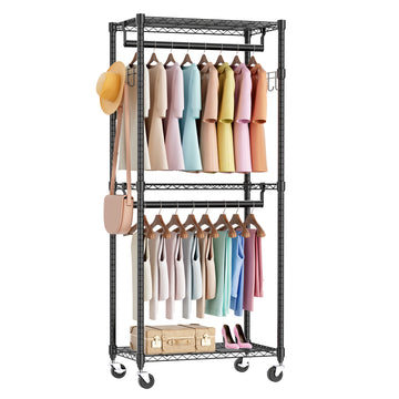 Mini Rolling Clothes Rack, Heavy Duty Garment Racks 3 Tiers Portable Adjustable Wire Shelves With Wheels, Hanging Rods & Side Hooks Metal Freestanding Clothing Wardrobe Closet Black Black Iron