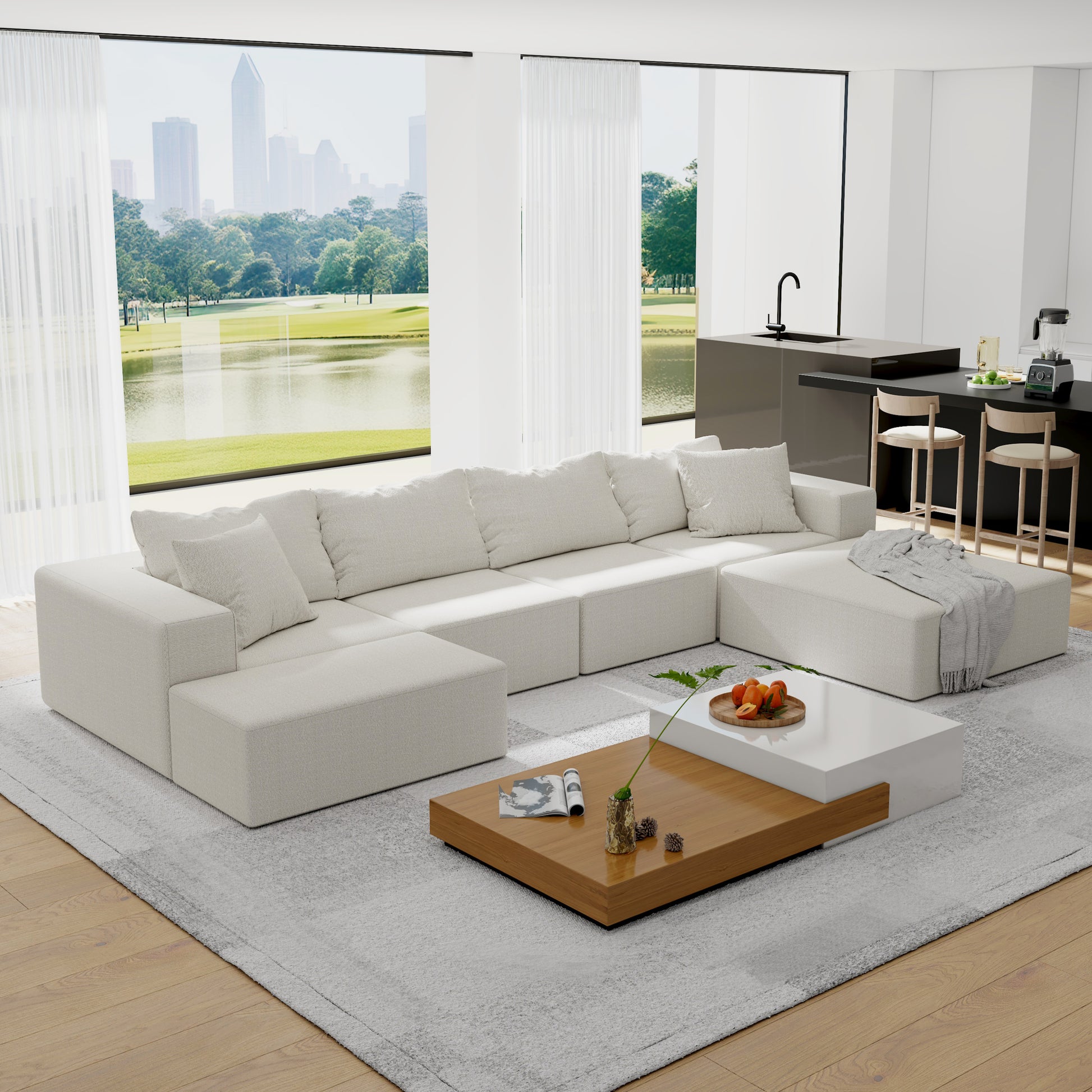 Modern Upholstered Sectional Sofa Couch Set,Modular 132" L Shaped Sectional Living Room Sofa Set With 6 Pillows,Free Combination Sofa Couch For Living Room,Bedroom Beige Foam Chenille 6 Seat