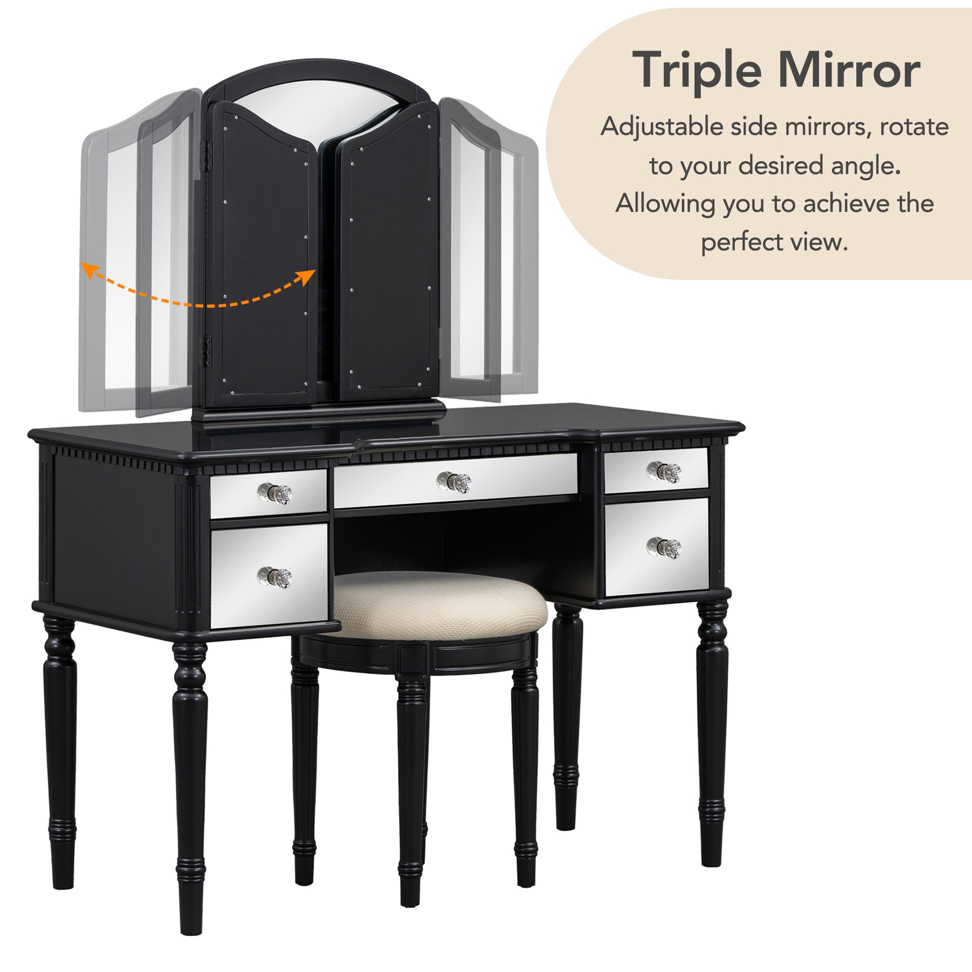 43" Dressing Table Set With Mirrored Drawers And Stool, Tri Fold Mirror, Makeup Vanity Set For Bedroom, Black Black Solid Wood Mdf