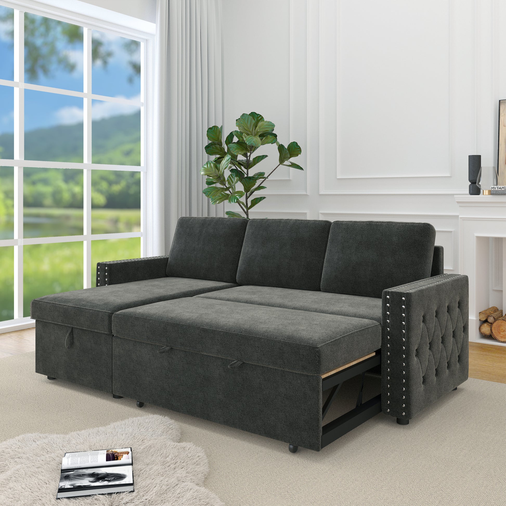 85 Inches Sofa Bed, 3 Seater Sleeper Sofa With Storage Chaise, Square Handrail With Pull And Copper Nail,Chenille Dark Grey, Pull Out Couch For Living Room Dark Grey Chenille 3 Seat