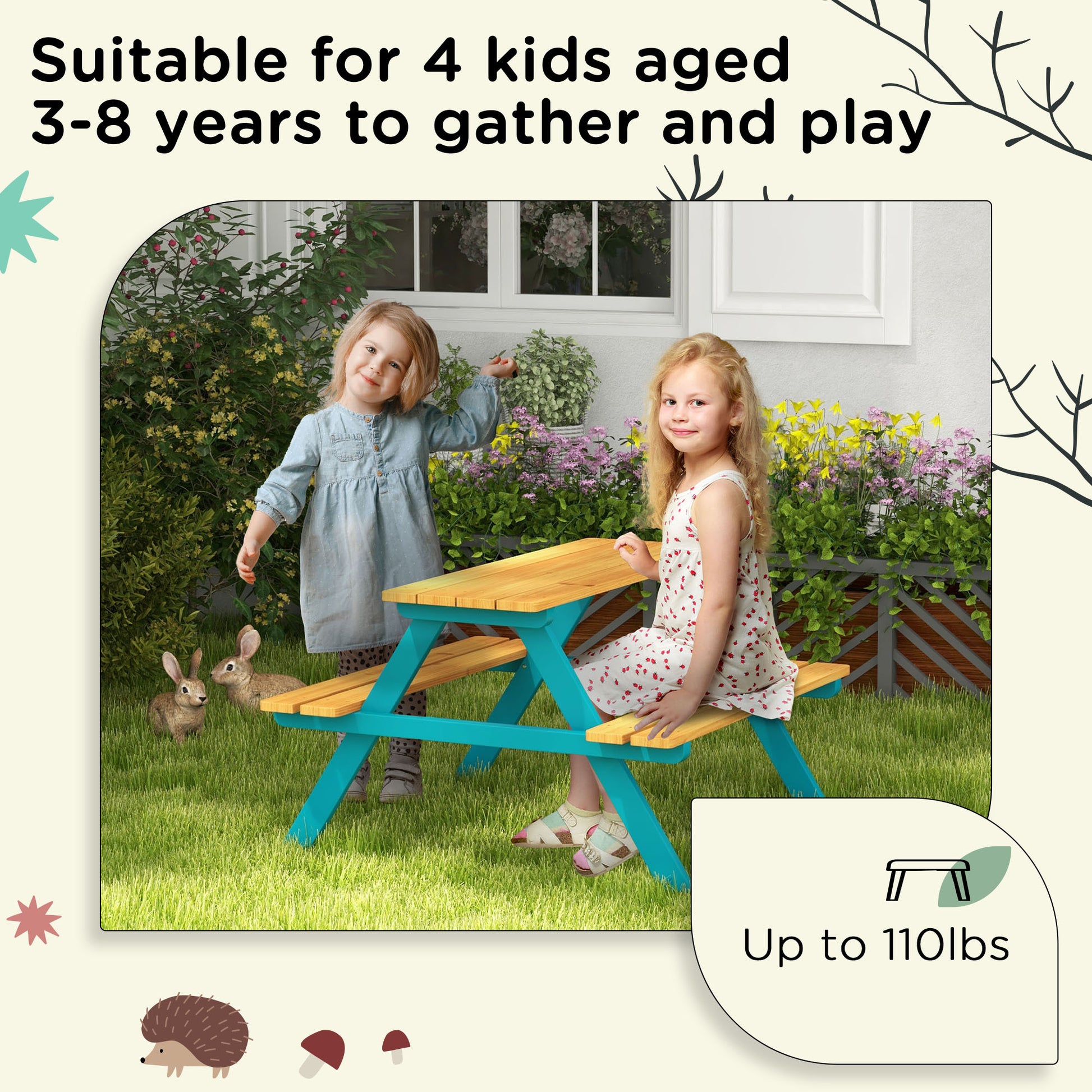 Outsunny Kids Picnic Table Set With Wooden Table, Outdoor Bench Set With Seating For 4 Kids Ages 3 8 Years Old For Patio Garden, Easy Installation, Outdoor Indoor Use, Natural Wood Natural Wood Wood