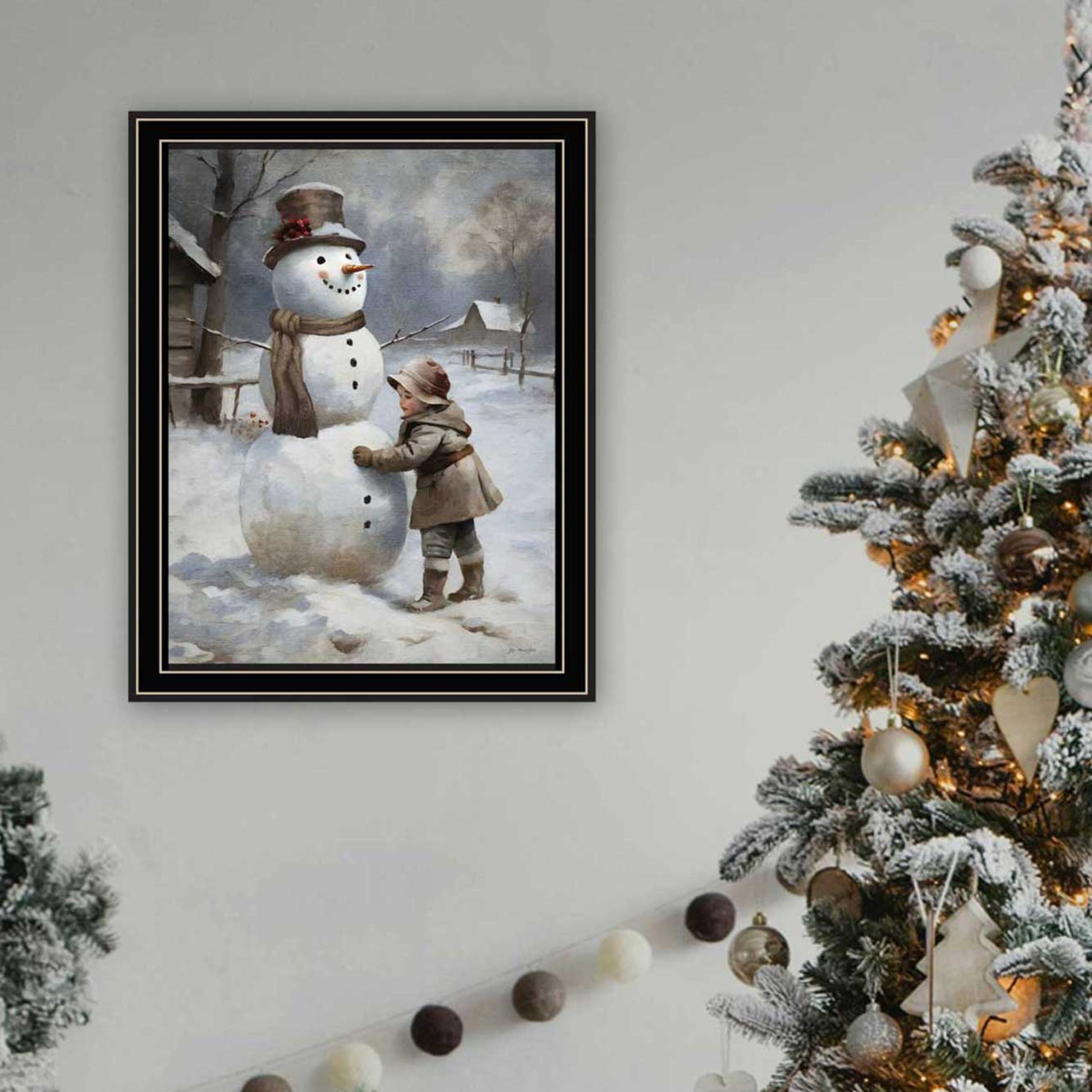 Finishing Touch On The Snowman Black Framed Wall Art For Living Room, Holiday Wall Art Print For Home Decor, Bedroom Wall Art By Jo Moulton Multicolor Wood Paper