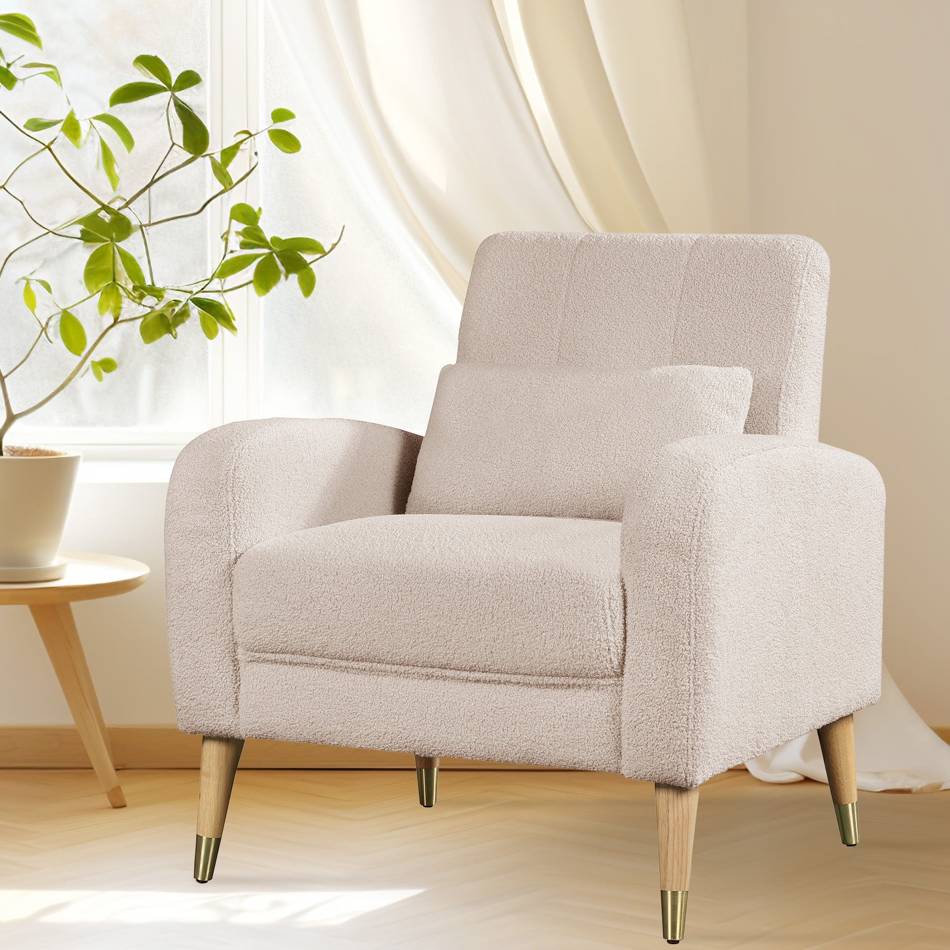 Mid Century Modern Accent Chair, Upholstered Armchair Living Room Chair, Comfy Single Sofa Chair With Metal Legs, Polyester Fabric Chair For Living Room Bedroom Camel Sherpa