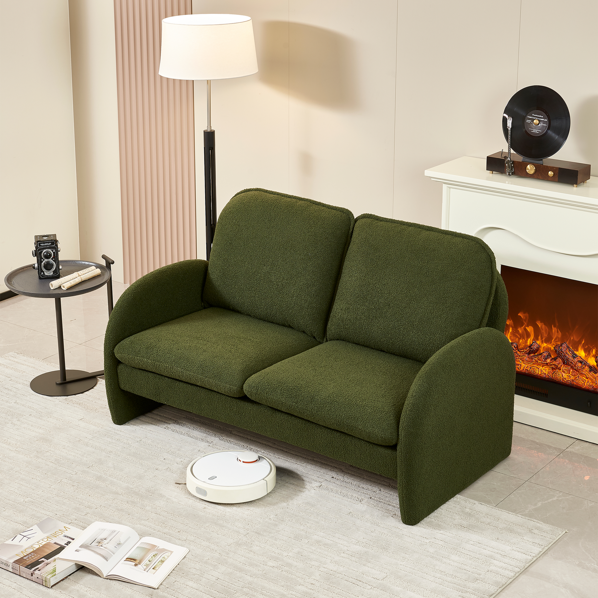 59" Loveseat Sofa Small Couch For Living Room, Sherpa Fabric Upholstered Loveseat Sofa Couch, Small Loveseat Sofa For Apartment, Bedroom Green Foam Sherpa 2 Seat