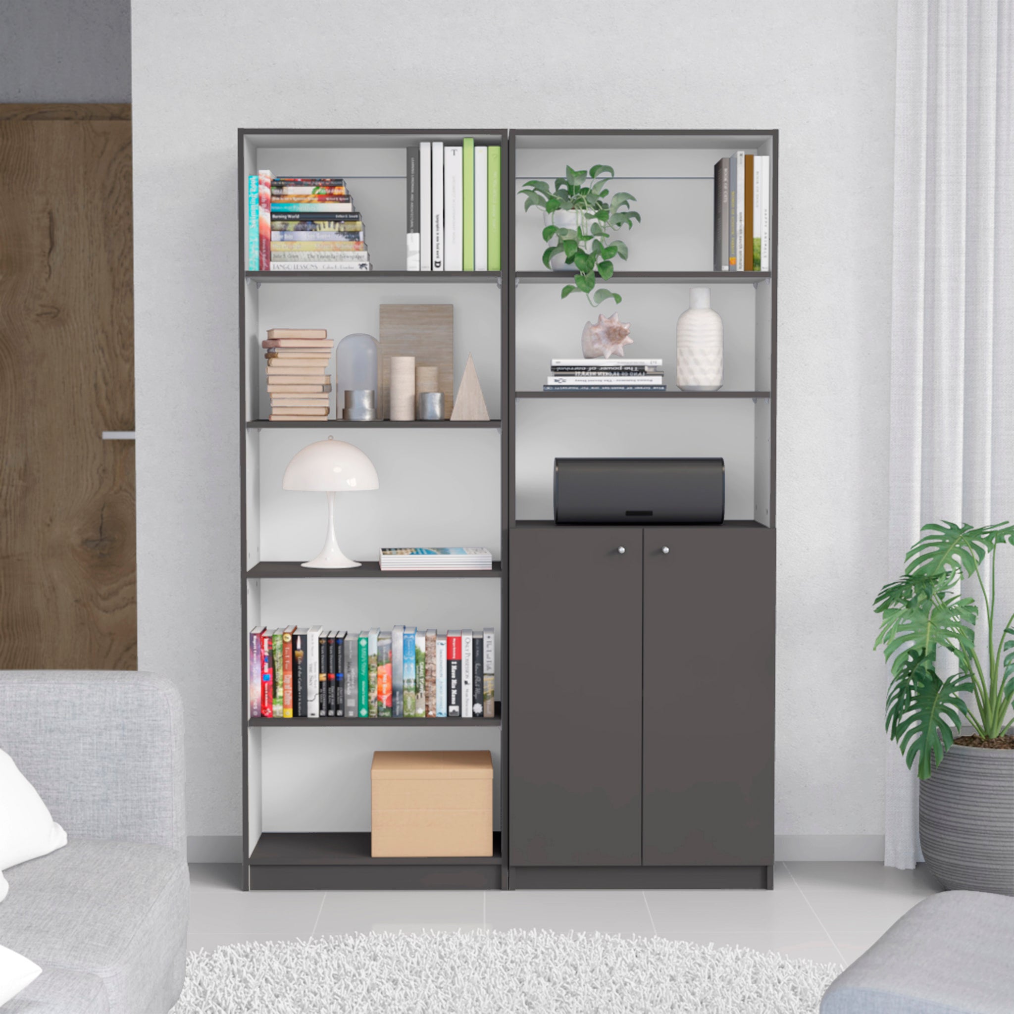 Layton 2 Piece Home Bookcase Set, 49" Wide With 8 Shelves And Double Door Cabinet, Living Room Set Matte Gray White Freestanding 5 Or More Shelves Matte Multicolor Office Adjustable Shelves Modern