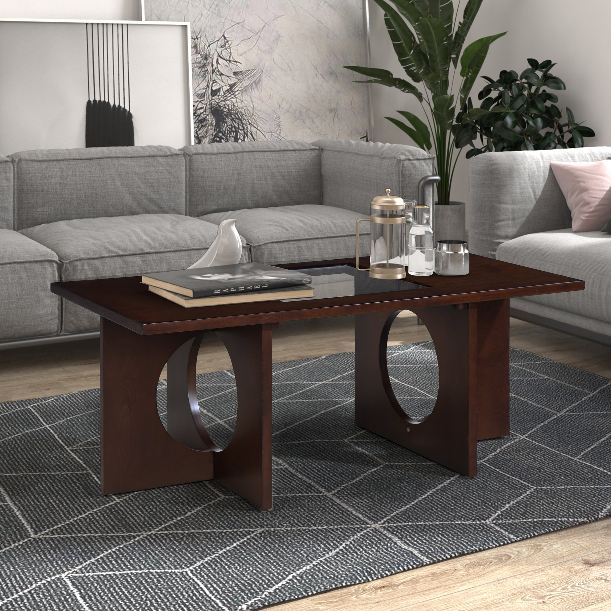 47" Contemporary Wood Rectangular Coffee Table With Clear Tempered Glass Top, Light Espresso Light Espresso Mdf Glass