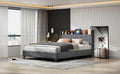 Queen Bed With Elegant Gold Metal Buttons, Built In Usb Ports, Phone Storage Pocket, And Spacious Headboard Shelving Sturdy Frame Supports Up To 300 Lbs,Mattress Not Included Queen Aqua Grey Abs