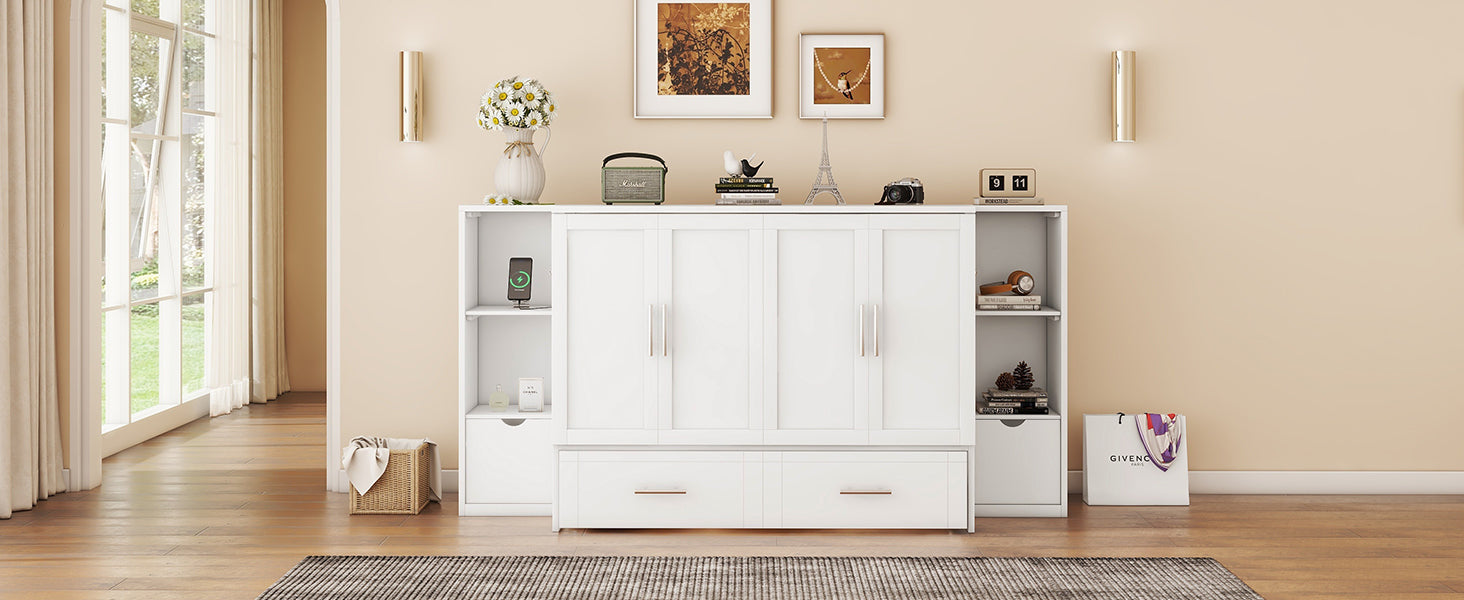 Full Size Murphy Bed With Shelves, Drawers And Usb Ports,White White Mdf Lvl