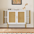 2 Door Elegant Curved Dining Cabinet With Gold Trim And Woven Rattan Doors For Dining Room White White Particle Board