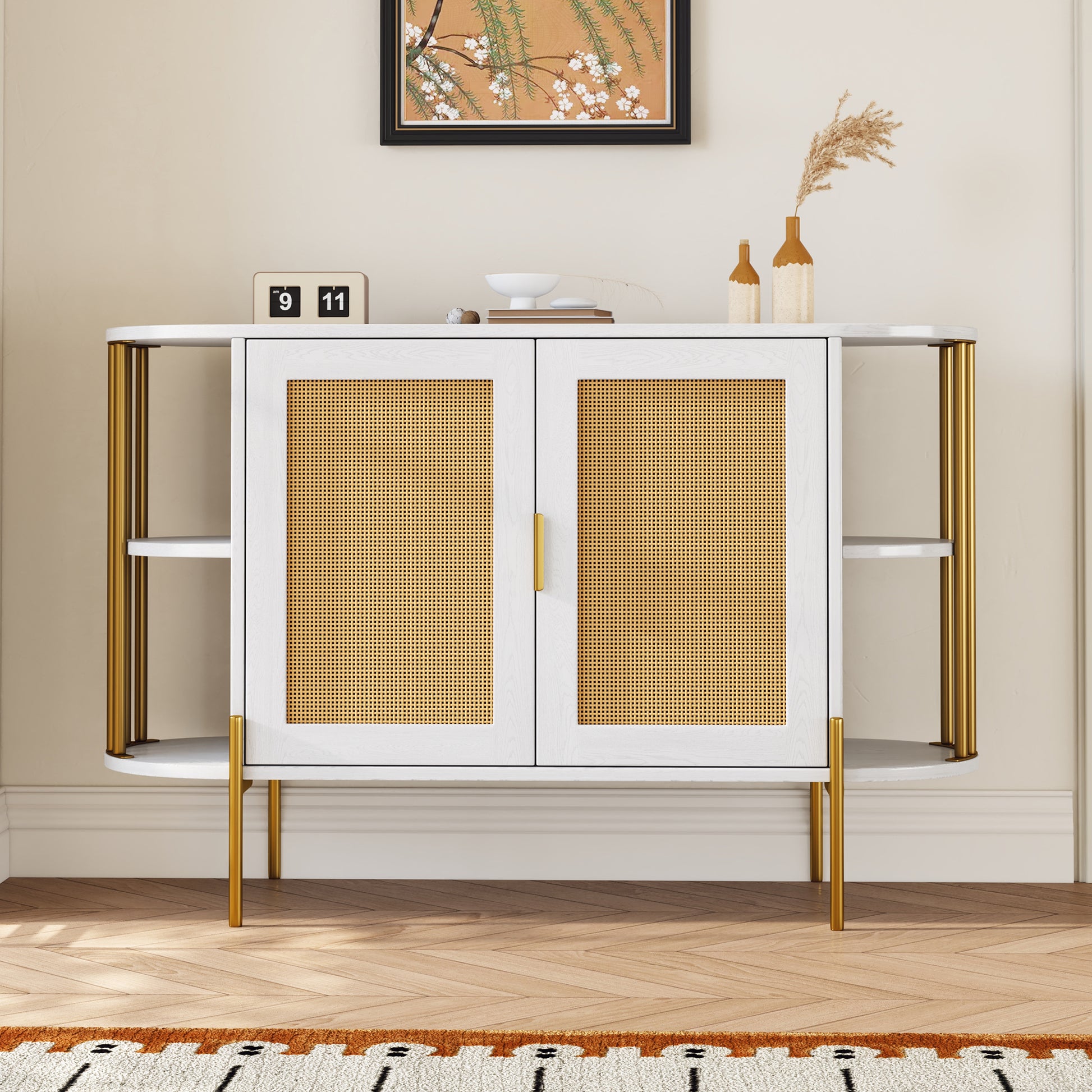 2 Door Elegant Curved Dining Cabinet With Gold Trim And Woven Rattan Doors For Dining Room White White Particle Board