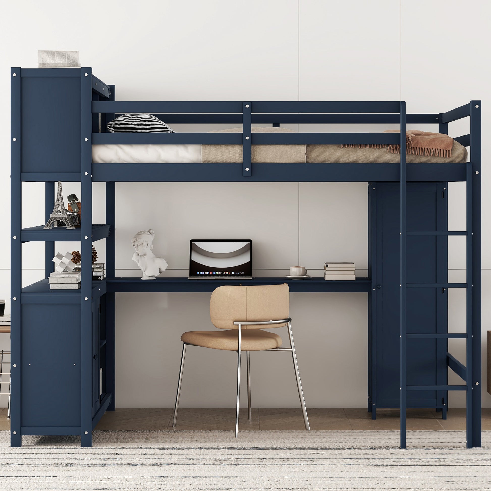 Wood Loft Bed With Cabinet And Bookshelf, Full Size Loft With Wardrobe And Desk For Kids,Dark Blue Expect Arrival Date 2024 8 25 Full Dark Blue Pine