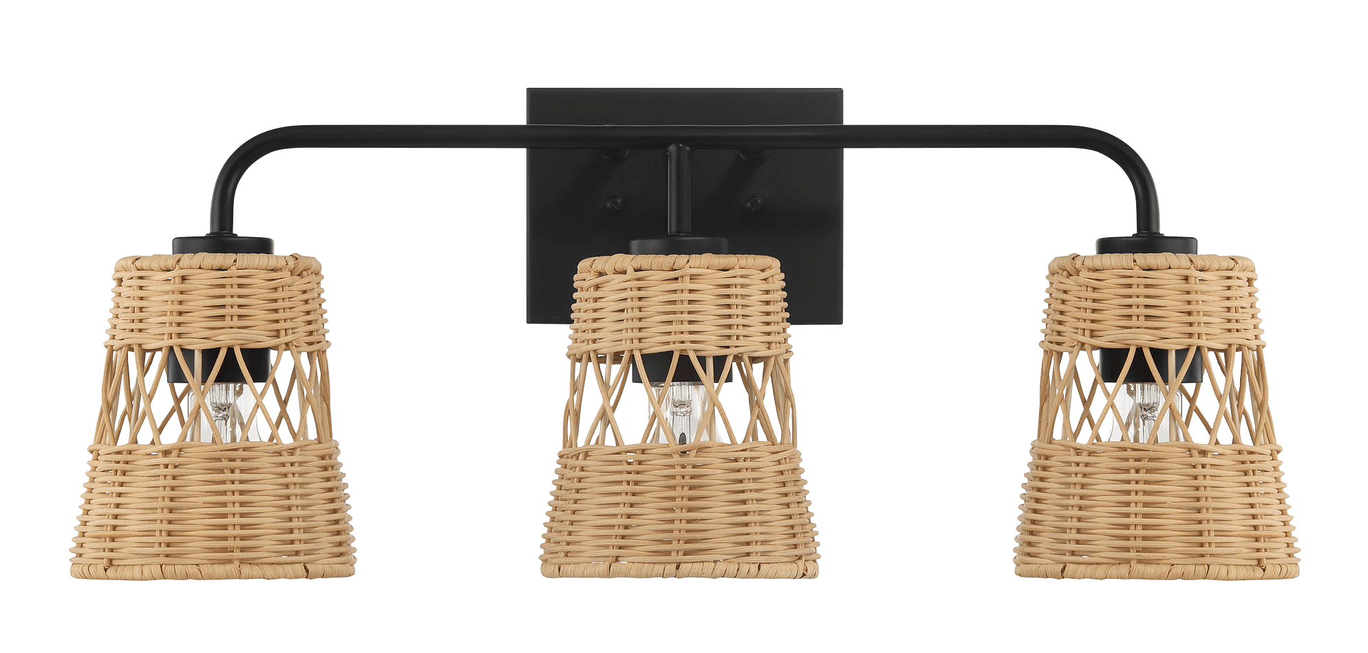 Moonlit Three Lights Wall Sconce With Rattan Shade, Bathroom Lighting Fixtures Over Mirror Black,Rattan Rattan Metal