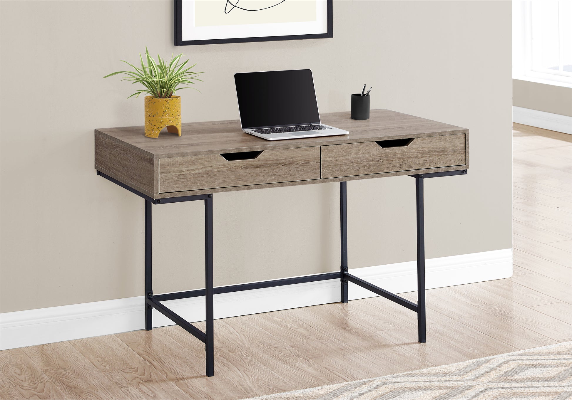 Computer Desk, Home Office, Laptop, Storage Drawers, 48"L, Work, Brown Laminate, Black Metal, Contemporary, Modern Taupe Particle Board