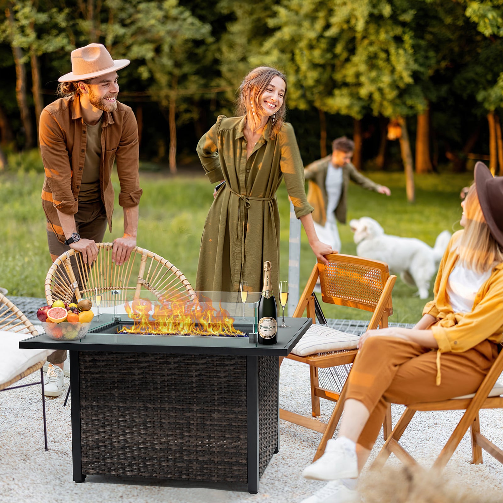 Outdoor Fire Pit 50,000 Btu Propane Gas Fire Table With Lid Fireplace With Glass Wind Guard Wicker Base For Garden, Patio, Backyard, 44" Black Brown Garden & Outdoor Modern Pe Rattan Iron,Rattan