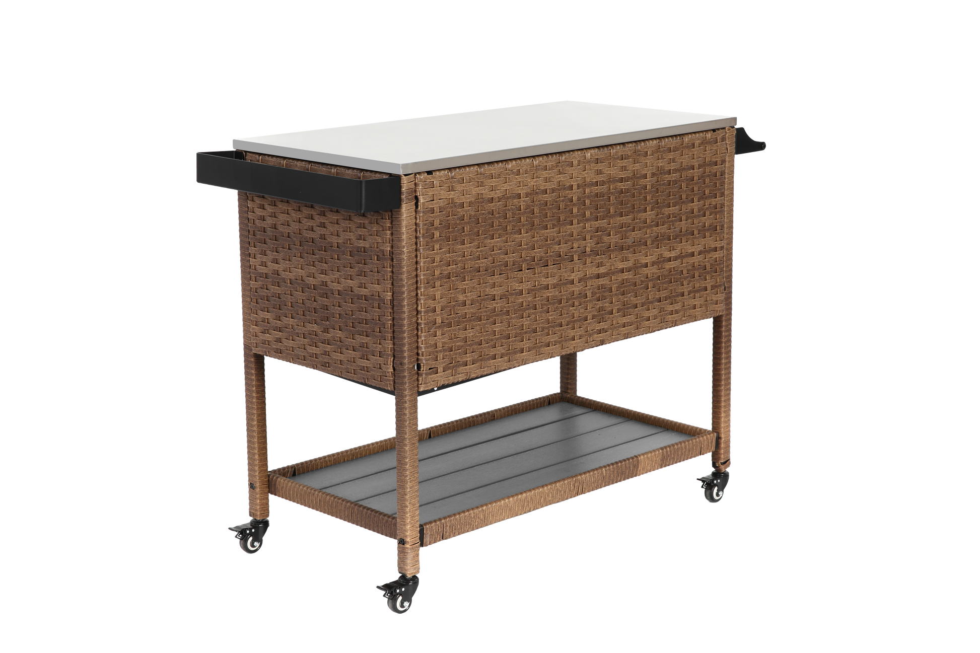 Outdoor Wicker Bar Cart, Patio Wine Serving Cart W Wheels, Rolling Rattan Beverage Bar Counter Table W Glass Top For Porch Backyard Garden Poolside Party, Brown No Brown Garden & Outdoor Steel