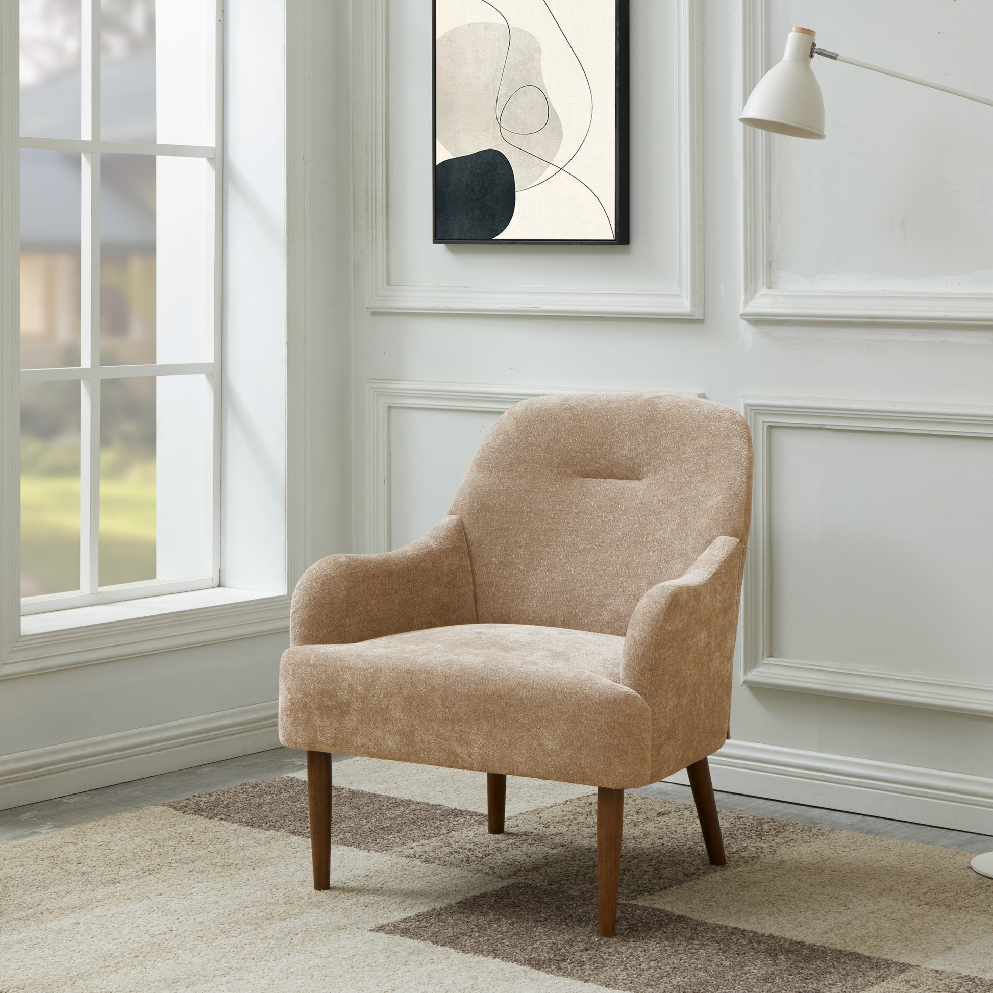 Chenille Armchair, Modern Style Accent Chair With Wood Legs, Comfy Design For Living Room, Bedroom, Office,Beige Beige Foam Wood Fabric