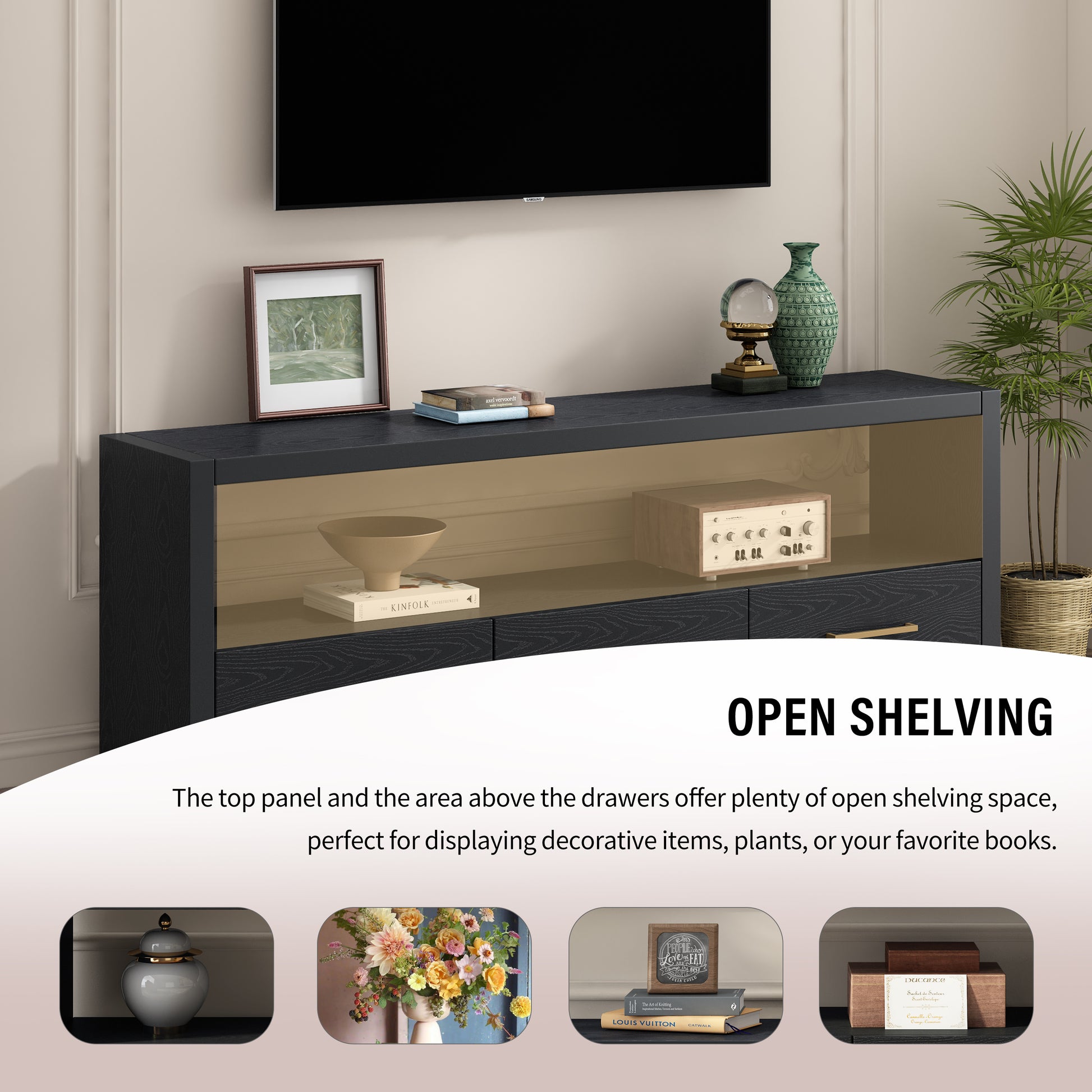 Mirod Stylish Tv Stand With Large Storage,Classic Design With Three Drawers And Spacious Surface,Minimalist Metal Handles,Versatile As Tv Console Or Side Cabinet Black 70 79 Inches Mdf