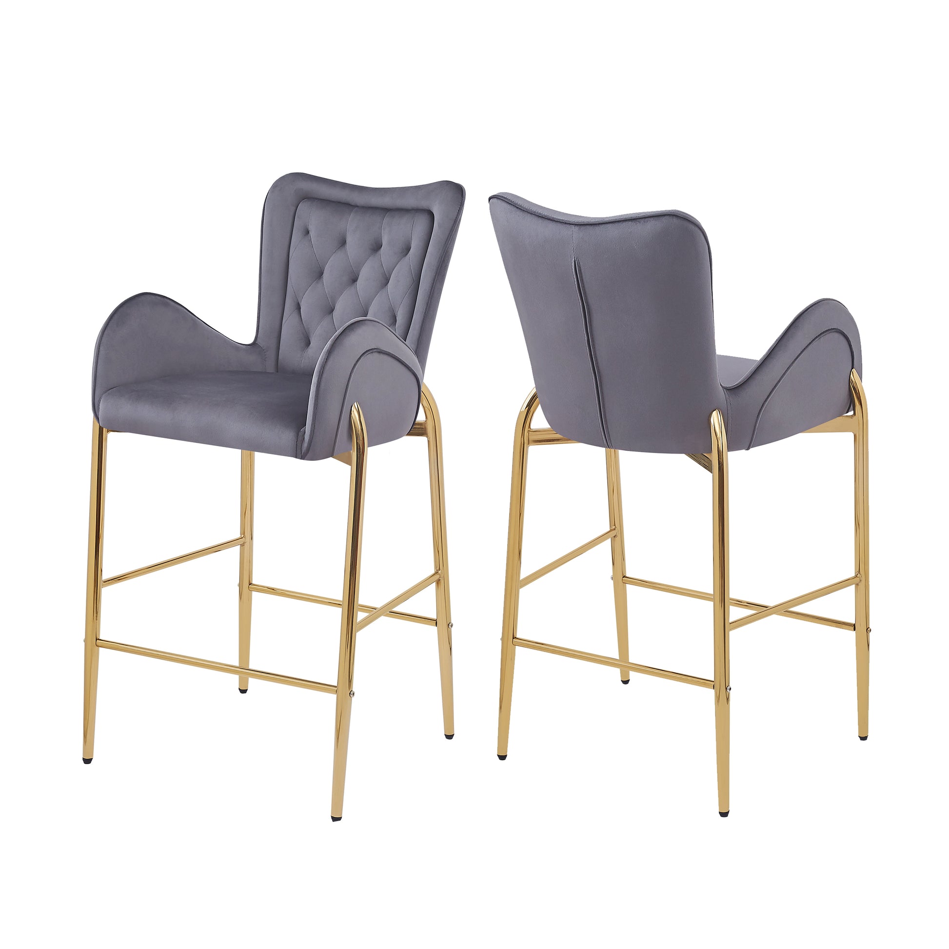 28.75Inch Counter Height Bar Stools Set Of 2, Bar Height Arm Chairs, Velvet Fabric Stools With Golden Legs And Footrests,Gray Solid Kitchen Tufted Back Set Of 2 Wood Gray Powder Coated Foam Spot