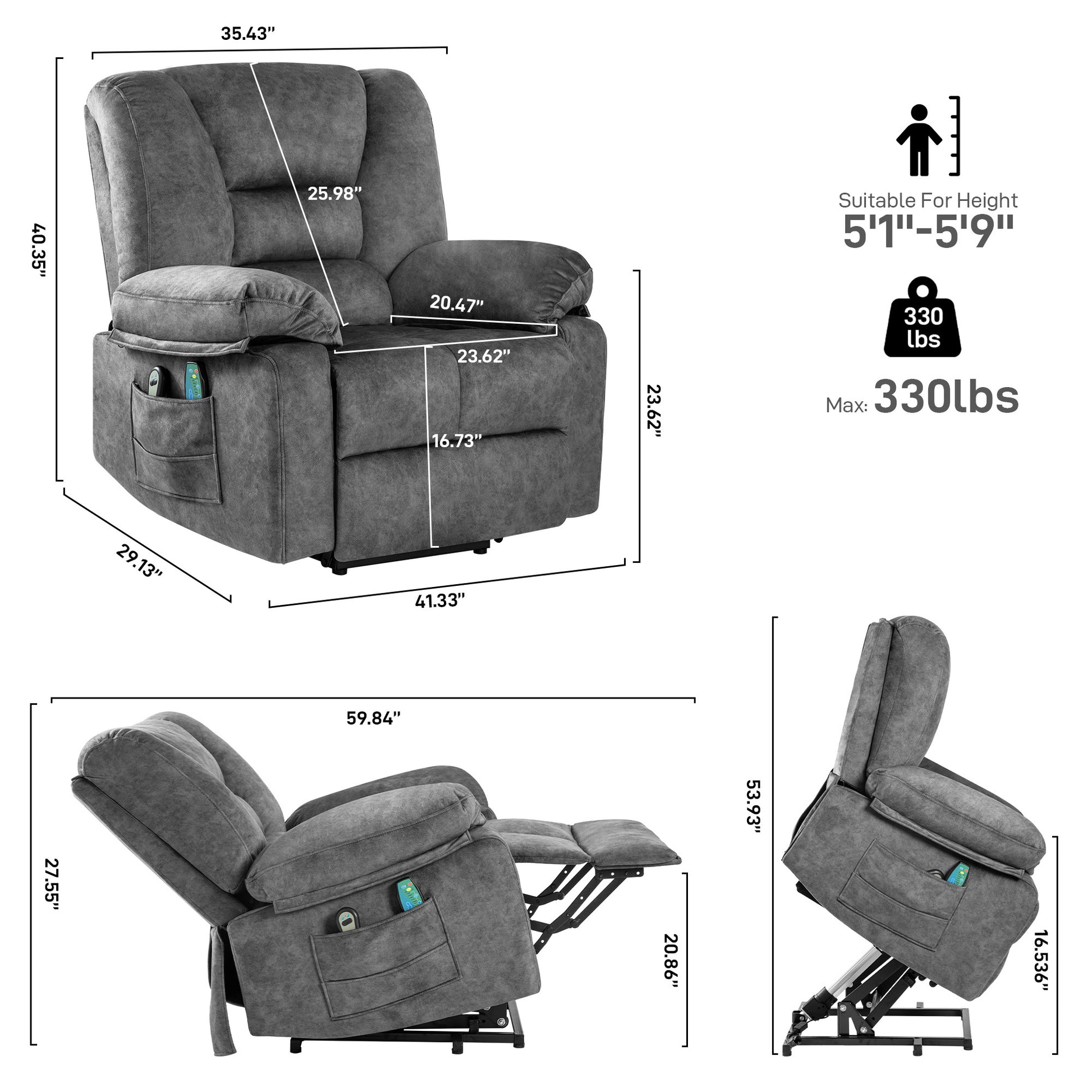 Power Lift Recliner Chair Sofa For Elderly With Massage Grey Velvet Power Remote Metal Primary Living Space Soft Cushion Back Heavy Duty American Design,American Traditional,Classic Pillow Top Arms Foam Velvet