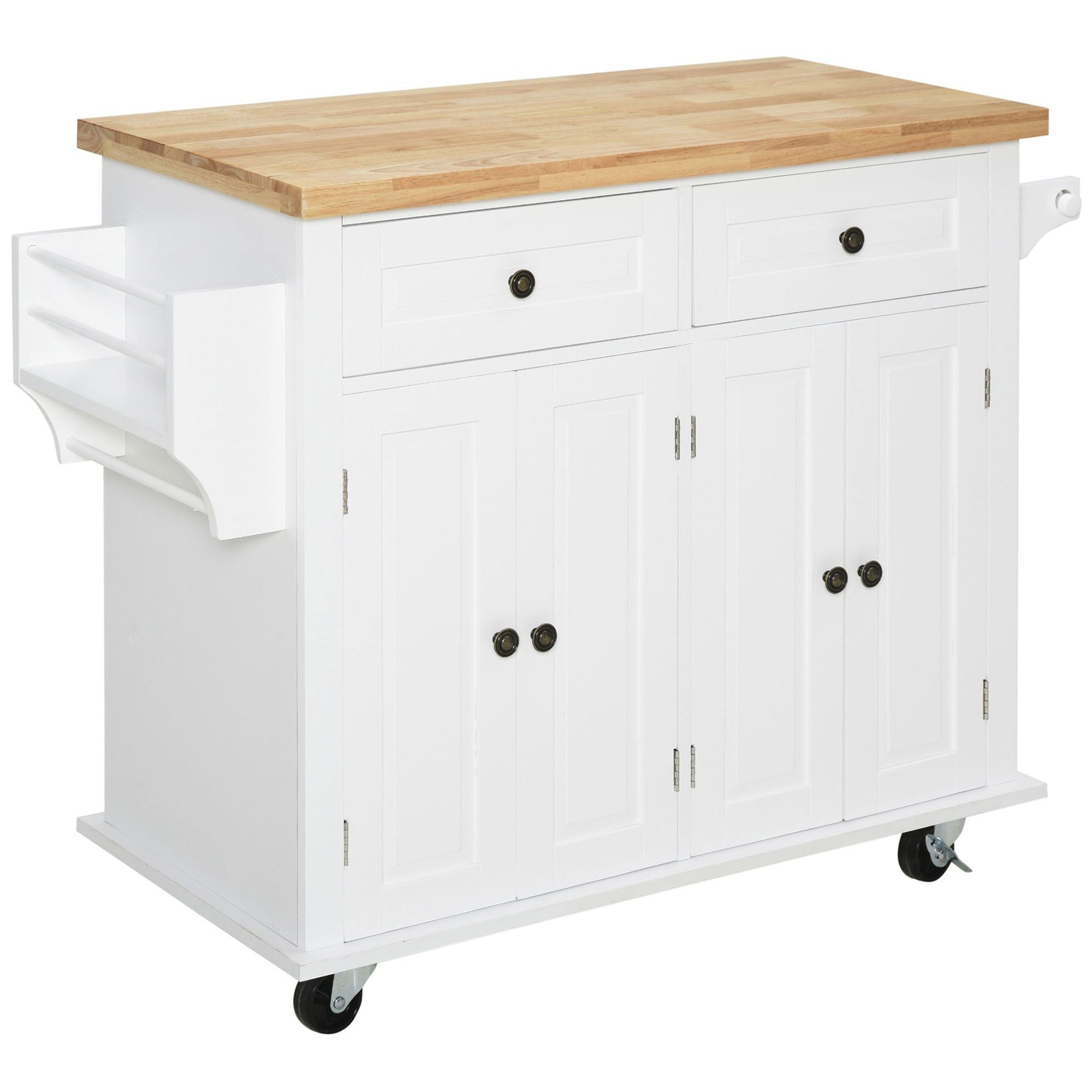 Homcom Kitchen Island On Wheels, Rolling Cart With Rubberwood Top, Spice Rack, Towel Rack And Drawers For Dining Room, White White Mdf