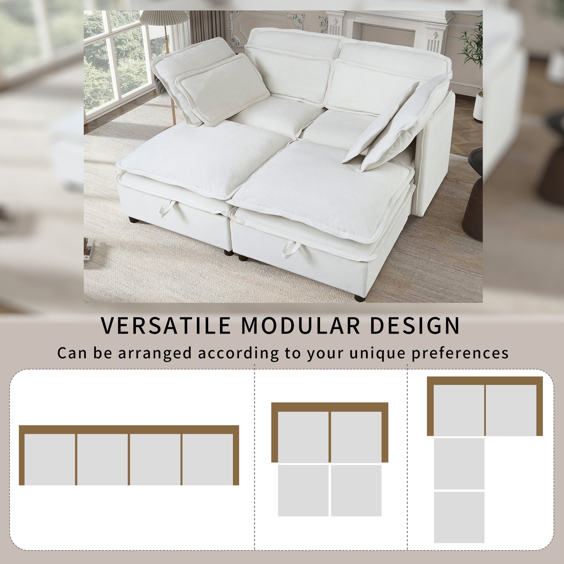 Double Layer Cushion Modular Sofa, Freely Combinable, 4 Seater With Storage Function, Includes 4 Soft Cushions, Perfect For Living Rooms, Offices, And Apartments Beige Polyester 4 Seat