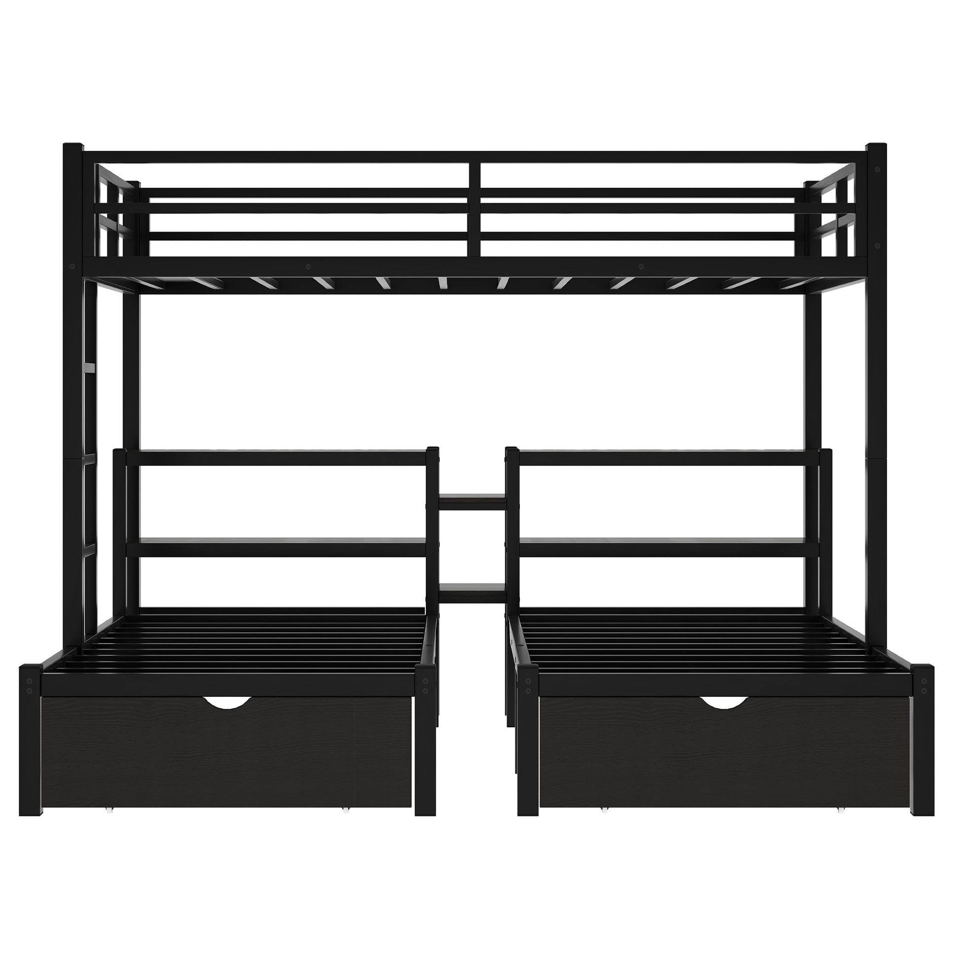 Full Xl Over Twin & Twin Triple Bunk Bed With Drawers,Multi Functional Metal Frame Bed, Bed Head With Shelving, Black Full Xl Black Metal