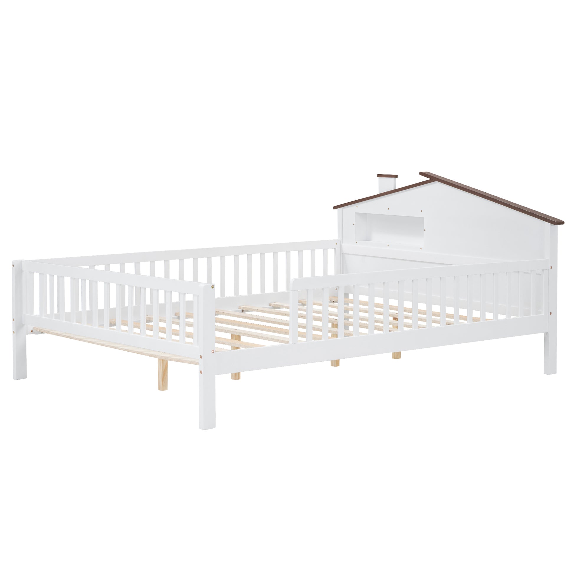 Full Size Wood Platform Bed With House Shaped Headboard, Led And Built In Storage, White Box Spring Not Required Full White Wood Bedroom Bed Frame Wood