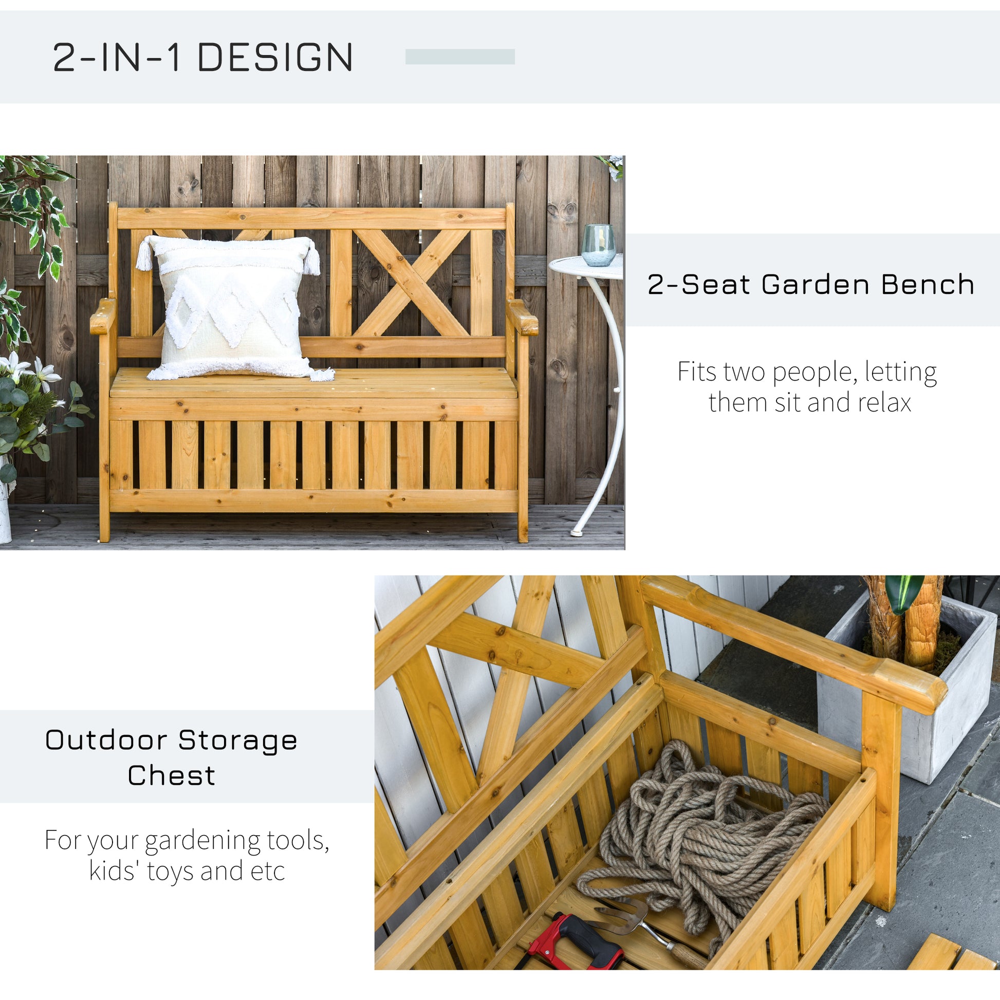Outsunny Patio Wooden Bench With Storage Box, 29 Gallon Outdoor Storage Bench, Large Entryway Deck Box W Unique X Shape Back, For Deck, Porch & Balcony, Yellow Yellow Wood