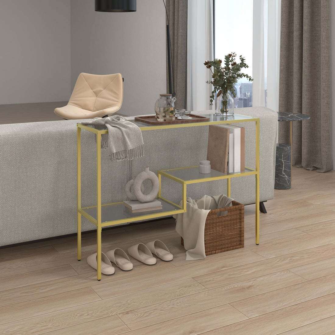 Homcom Gold Console Table, 39" Tempered Glass Behind Sofa Table, Narrow Entryway Table With Storage Shelves, Steel Frame For Living Room Furniture, Hallway Furniture, Glass Table Gold Glass Metal