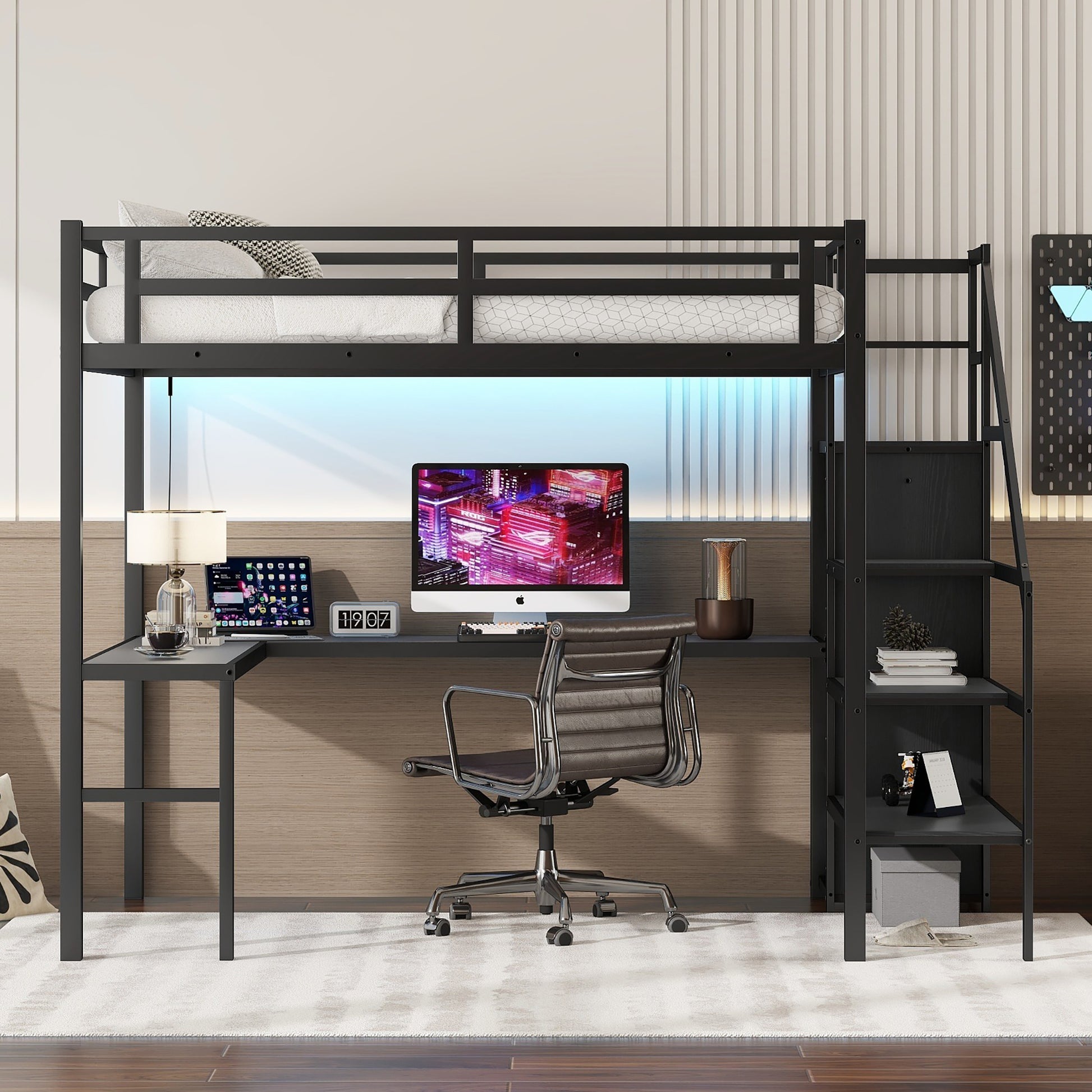 Full Size Loft Bed With L Shaped Desk And Usb, Metal Loft Bed With Wardrobe And Adjustable Shelf, High Loft Bed With Led For Kids Teens Adults, Black Full Black Metal