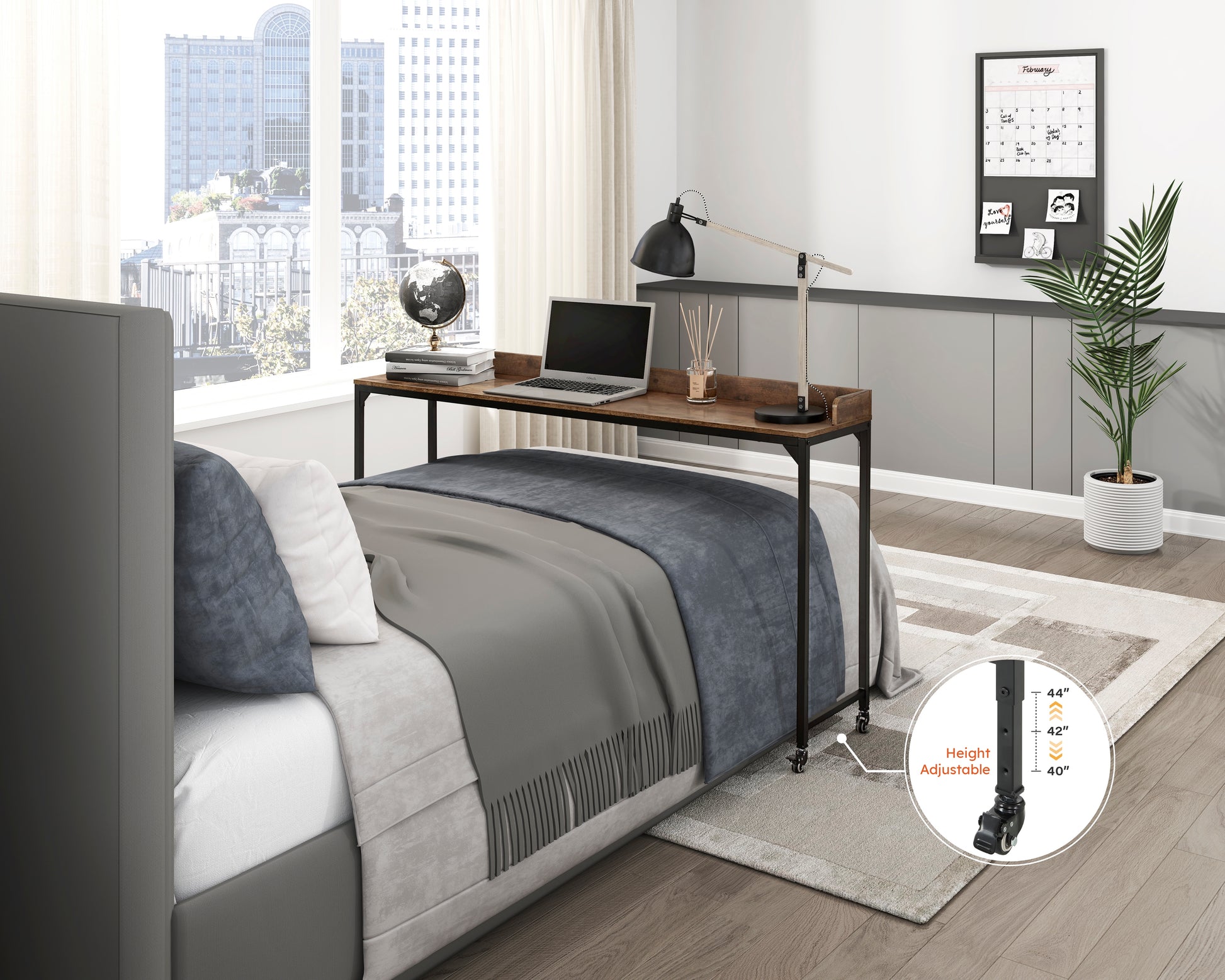 Rustic Brown Wood Finish Multipurpose Over The Bed Desk With Adjustable Height, Metal Legs With Casters, Overbed Table 1Pc, Laptop Table For Bed, Breakfast Table Rustic Brown Rectangular Engineered