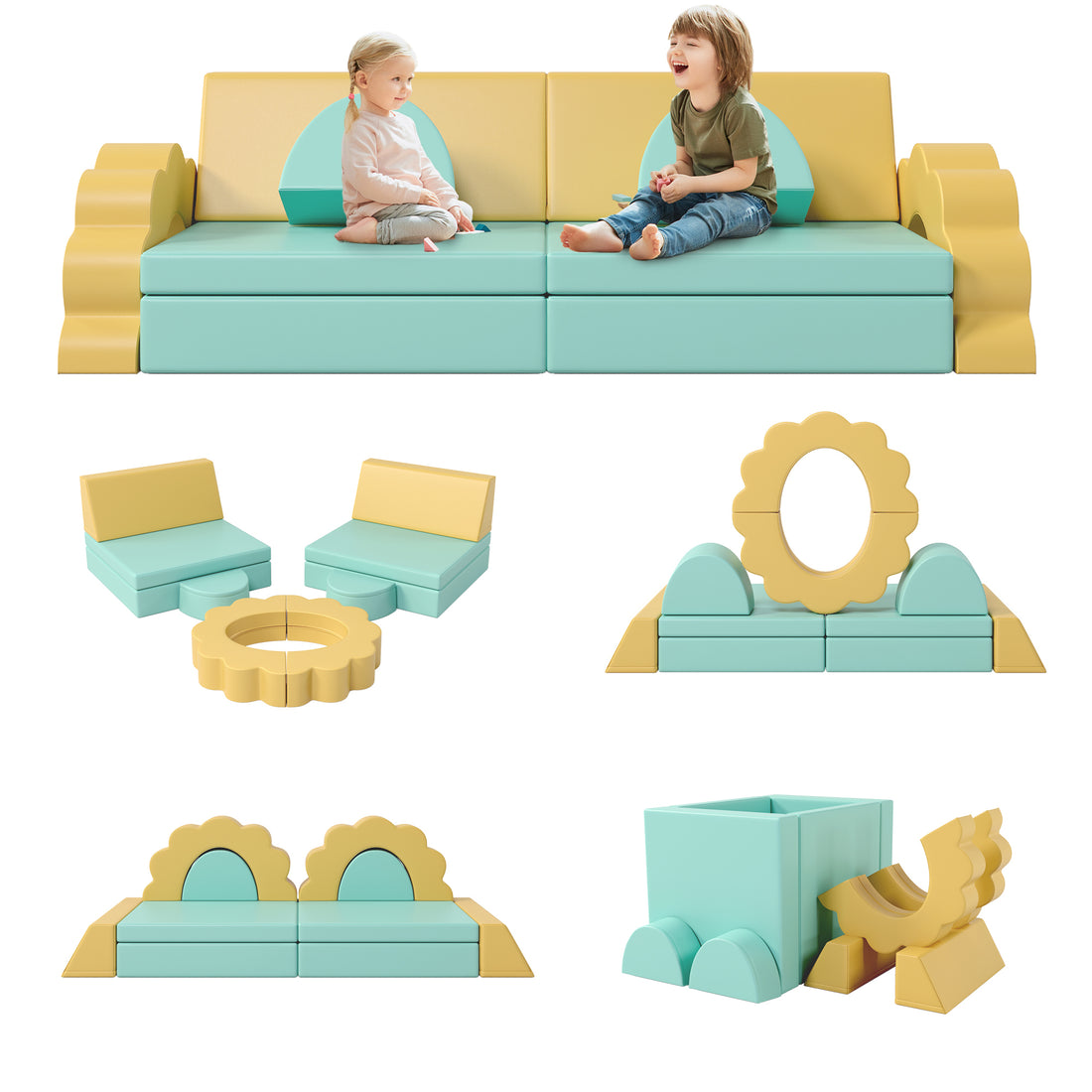 10Pcs Kids Couch For Playroom, Baby Climbing And Crawl Foam Play Set, Foam Climbing Blocks Convertible Sofa ,Kids Play Couch, Indoor Climbing Structure For Toddlers, Infant, Kids, Pre School Mint Green Foam