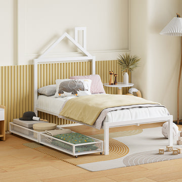 Twin Size Metal Platform Bed With Two Drawers,House Shaped Headboard Design, White Twin White Metal