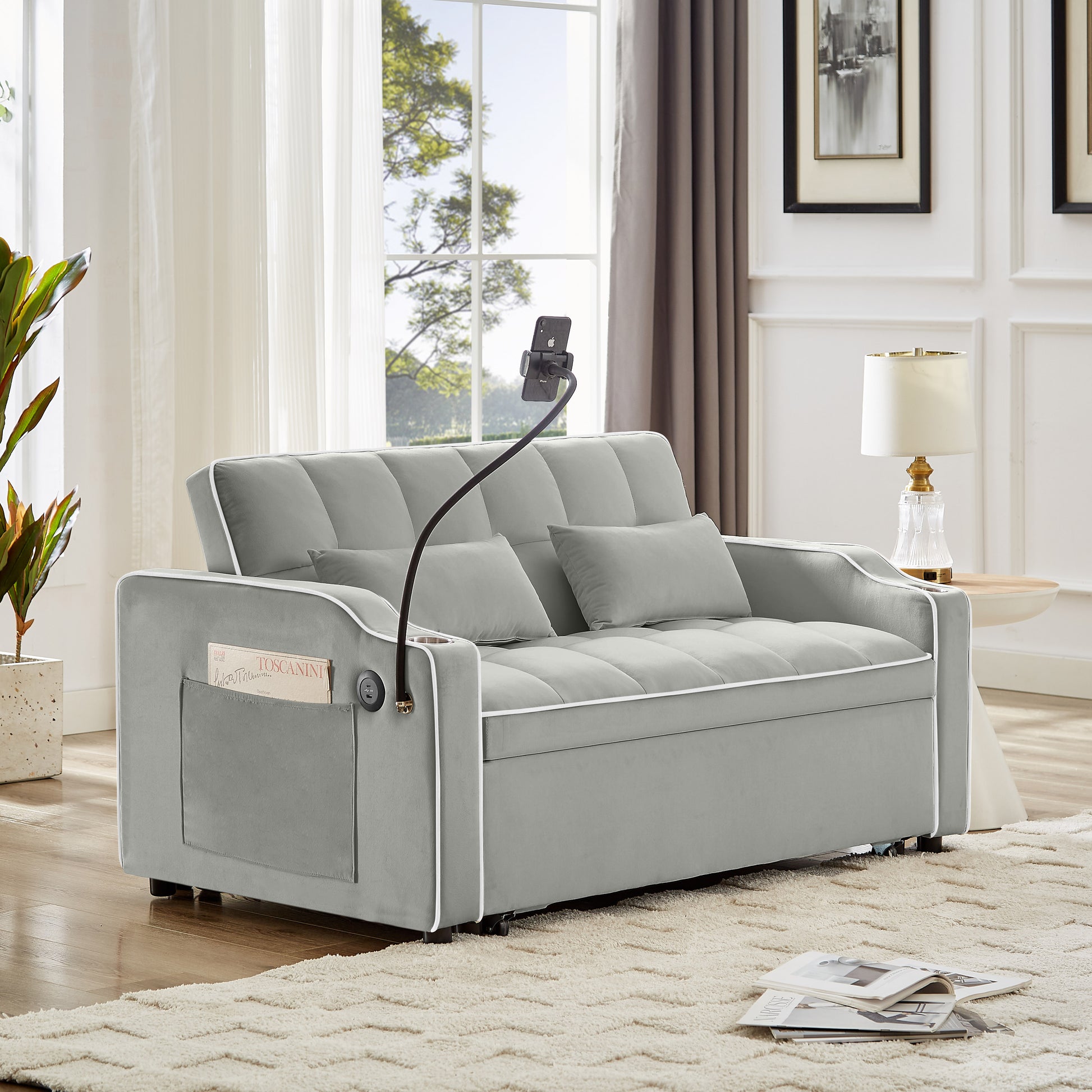 1 Versatile Foldable Sofa Bed In 3 Lengths, Modern Sofa Sofa Sofa Velvet Pull Out Bed, Adjustable Back And With Usb Port And Ashtray And Swivel Phone Stand Grey Gray Eucalyptus Solid Wood Mdf Resin 2 Seat