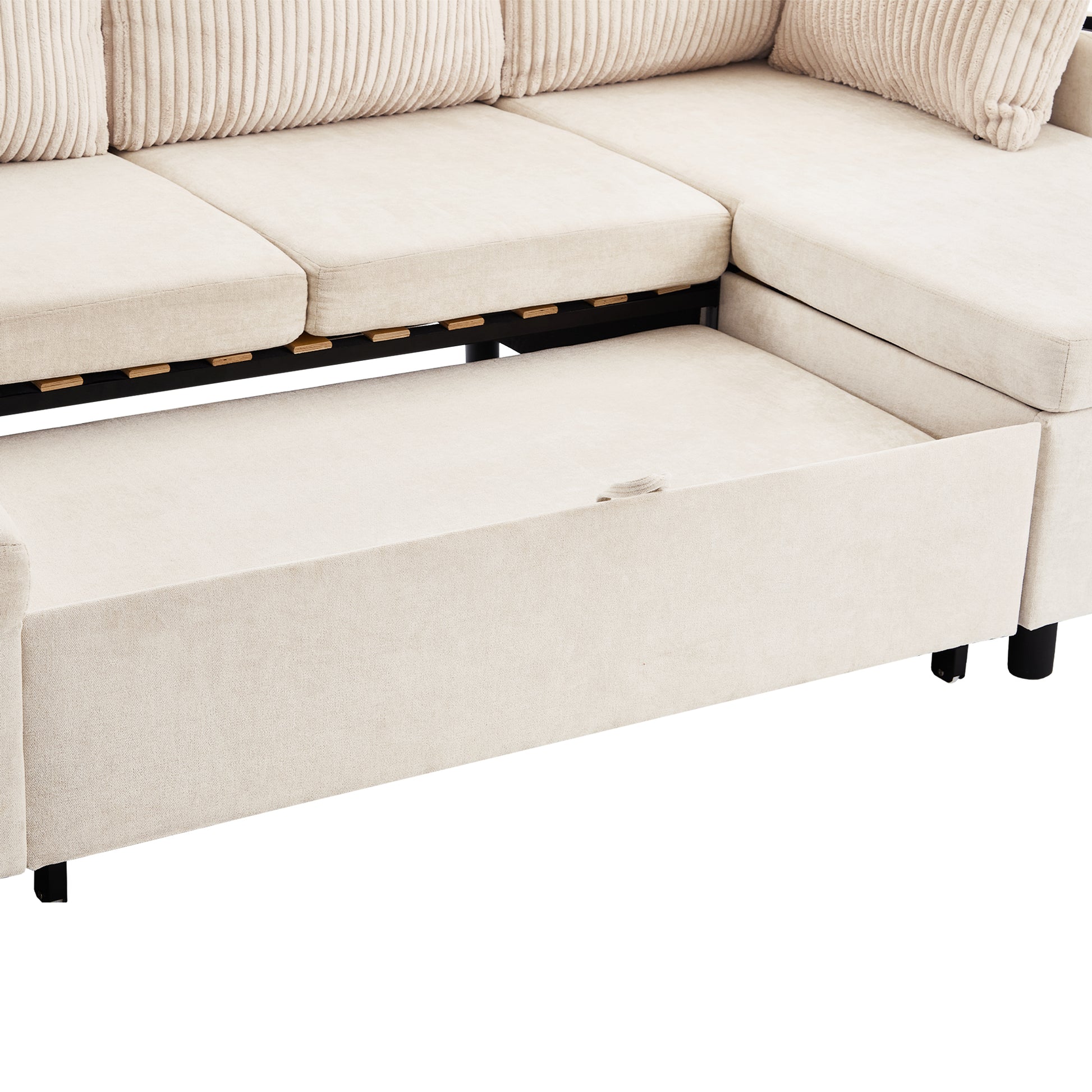 111.8" Sectional Sofa Pull Out Sofa Bed Versatile Sofa Sleeper With Large Storage Space, Two Usb Ports And Two Cup Holders For Living Room, Beige Beige Foam Chenille 4 Seat