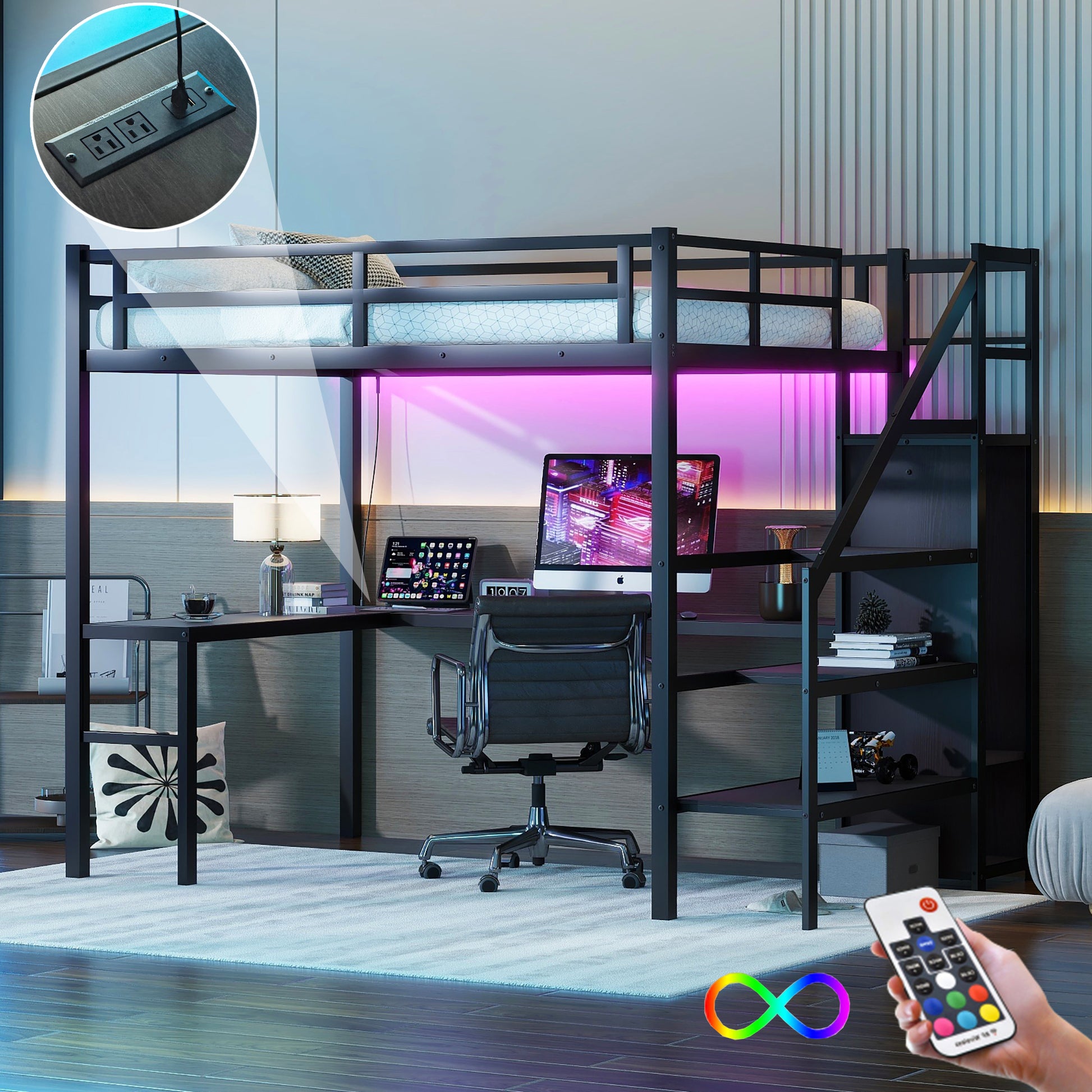 Full Size Loft Bed With L Shaped Desk And Usb, Metal Loft Bed With Wardrobe And Adjustable Shelf, High Loft Bed With Led For Kids Teens Adults, Black Full Black Metal