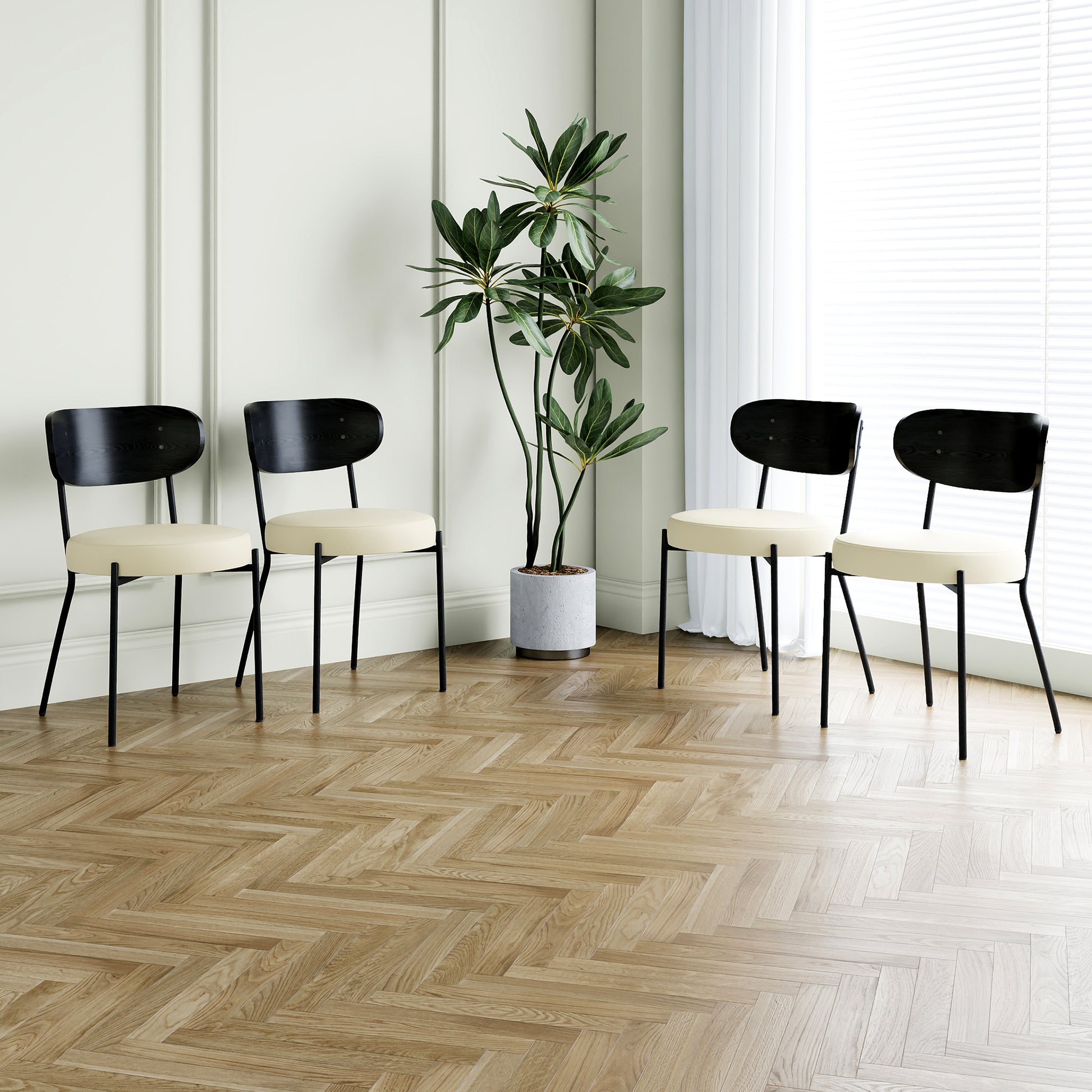 Modern Grey Simple Pu Dining Chair Upholstered Chair Family Bedroom Stool Back Dressing, White Round Table Set, Bentwood Covered With Ash Veneer Chair Back, Chair Black Metal Legs Set Of 5 White Mdf
