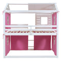 Full Size Bunk Wood House Bed With Tent, Pink White Full Pink White Solid Wood Mdf