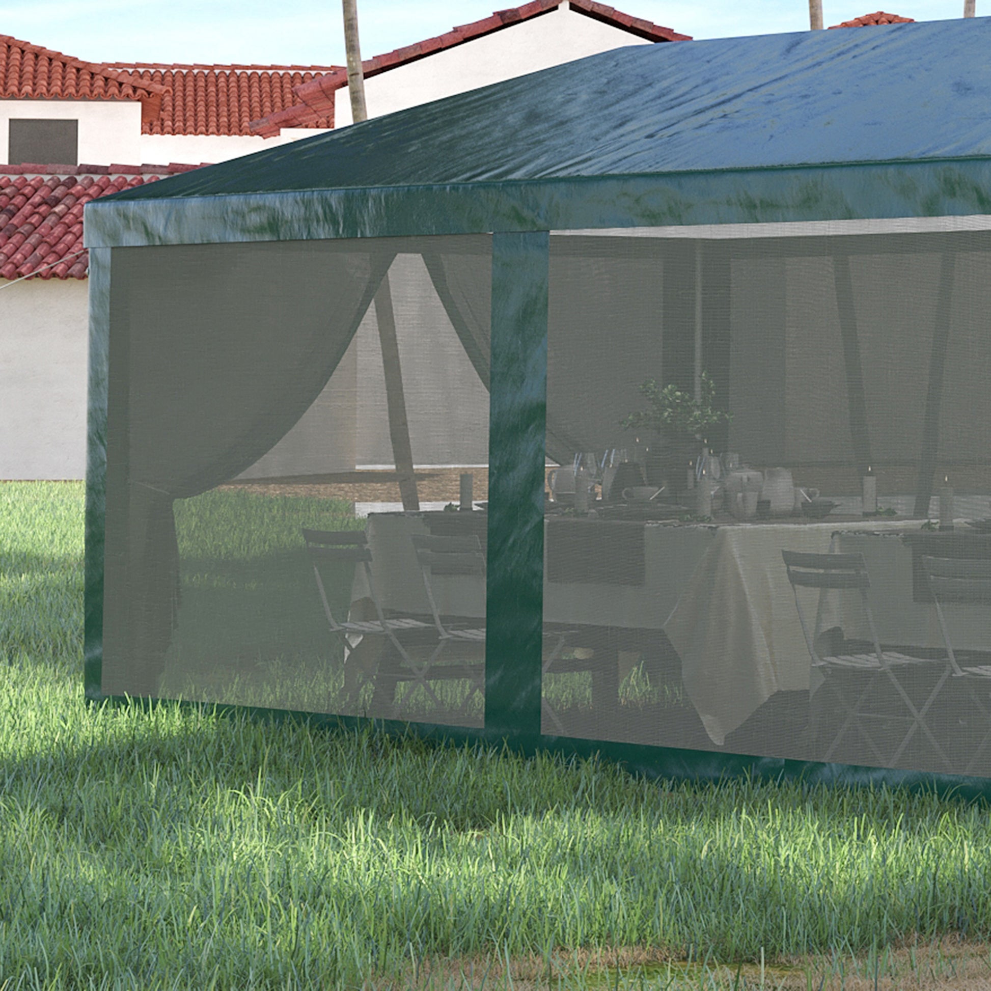 Outsunny 10' X 28' Party Tent Canopy, Outdoor Event Shelter Gazebo With 8 Removable Mesh Sidewalls, Zipper Doors, Steel Frame, Green Green Metal