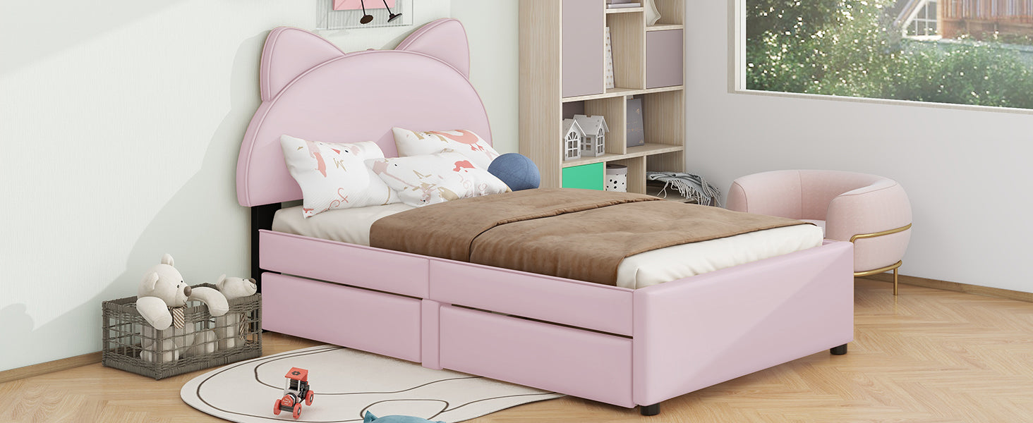 Twin Size Upholstered Platform Bed With Cartoon Ears Shaped Headboard And 2 Drawers, Pink Box Spring Not Required Twin Pink Wood Bedroom Bed Frame Faux Leather Upholstered