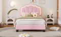 Twin Size Upholstered Flower Shape Bed, Elegant Flowers Headboard With Led Light Strip ,Sherpa Fabric Platform Bed With Wooden Slats Support, Pink Twin Pink Wood