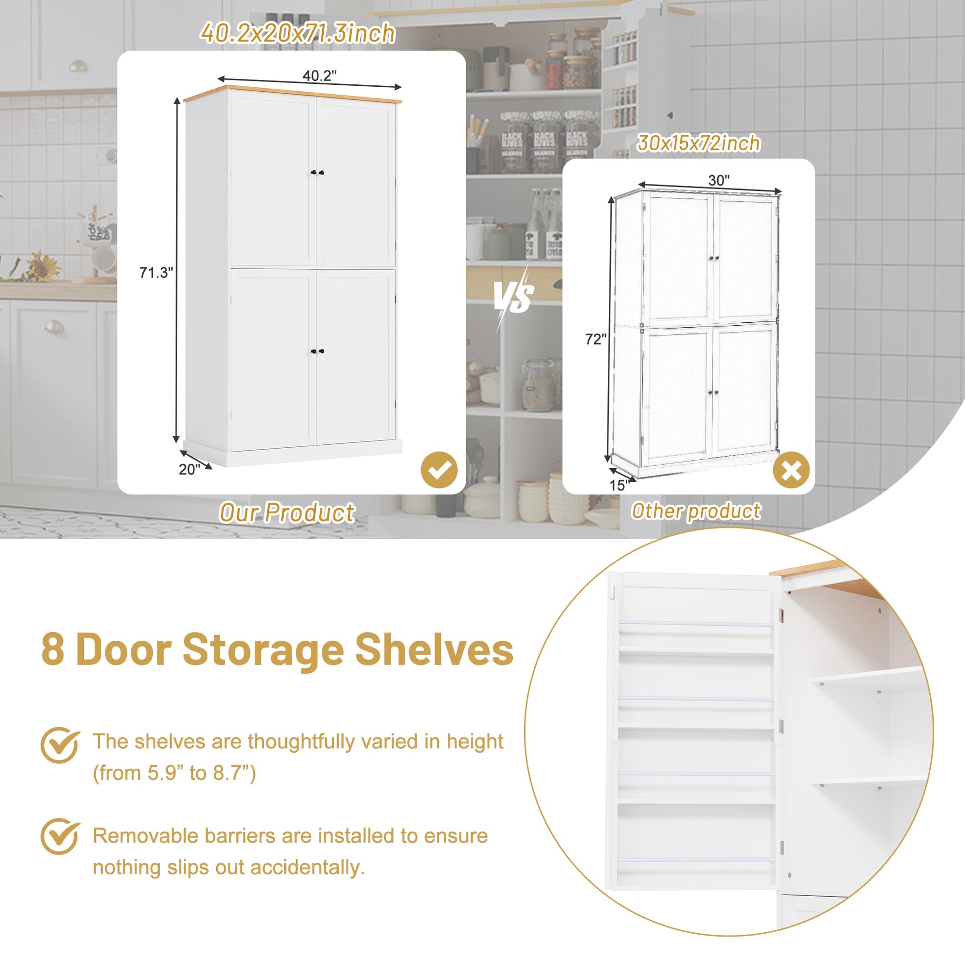 Assembly 40.2X20X71.3Inch High Freestanding Kitchen Pantry Large Cupboard Storage Cabinet With 2 Drawers, 2 Adjustable Shelves, 8 Door Shelves For Kitchen, Dining Room,White White Kitchen Farmhouse