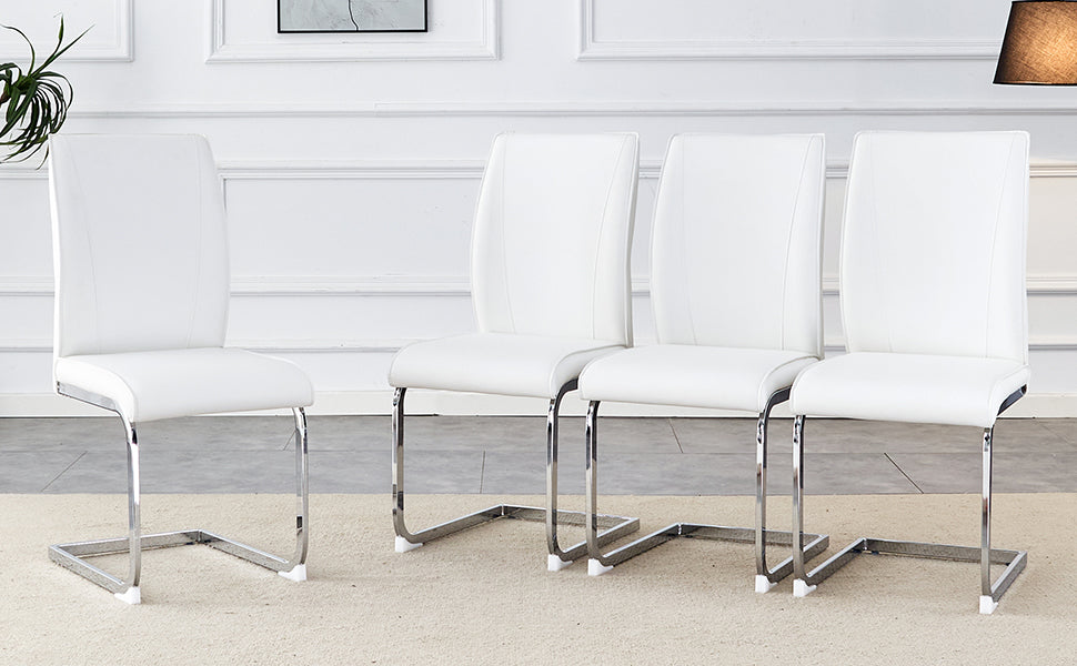 Luxury Simple Arch Chair Set Of 4 White Pu Material High Resilience Dining Chair With Arched Metal Silver Leg. White Silver Metal,Pu