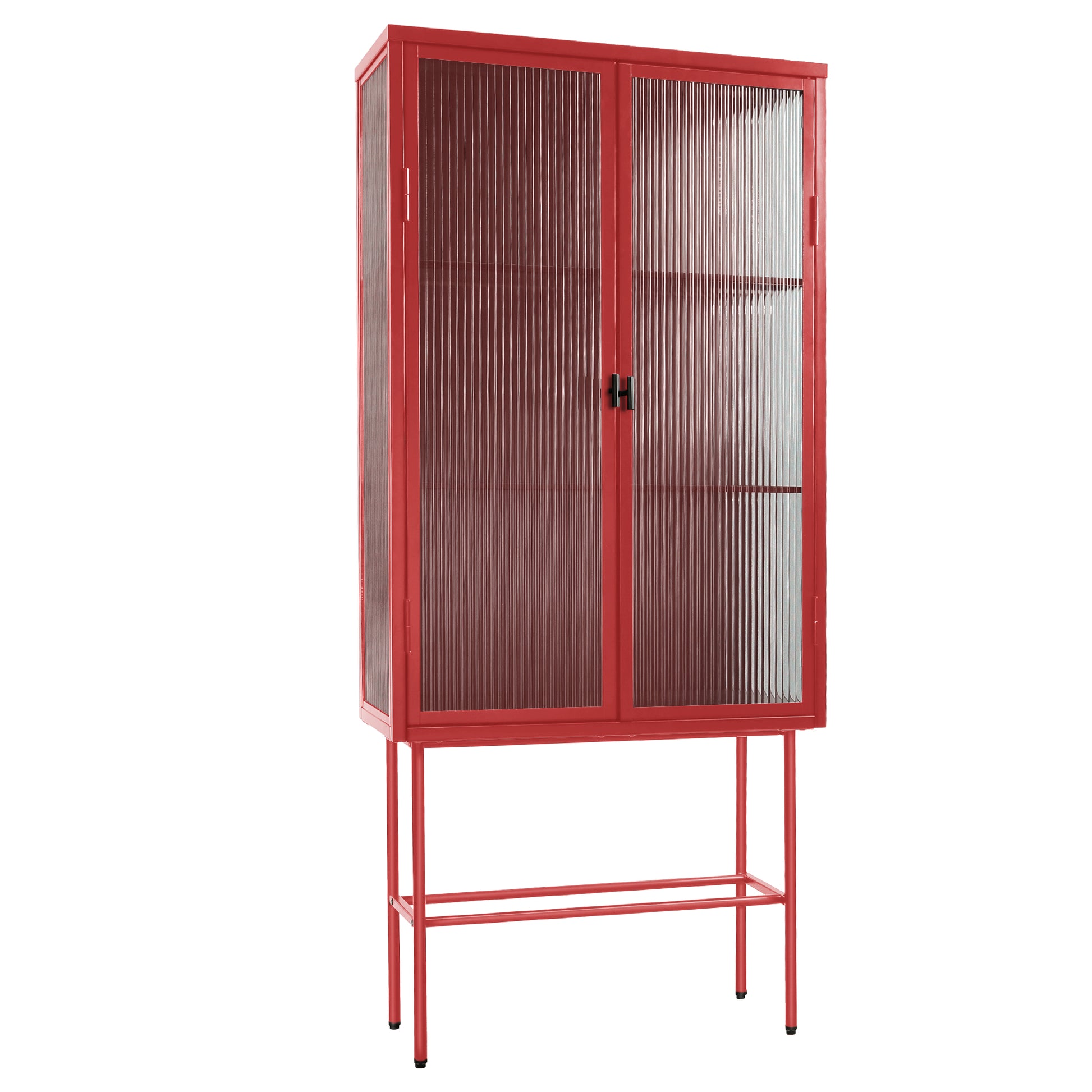 Retro Style Red Tall Freestanding Display Cupboard Stylish Fluted Glass Storage Cabinet With Glass Doors Three Detachable Shelves Bottom Space For Office Dining Room Living Room Old Sku:W68751710 Red Steel