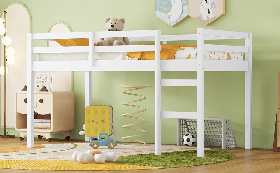 Solid Wooden, Rubber Wooden Twin Loft Bed With Ladder, Bed Platform Of Strengthened Slatswhite Twin White Rubber Wood