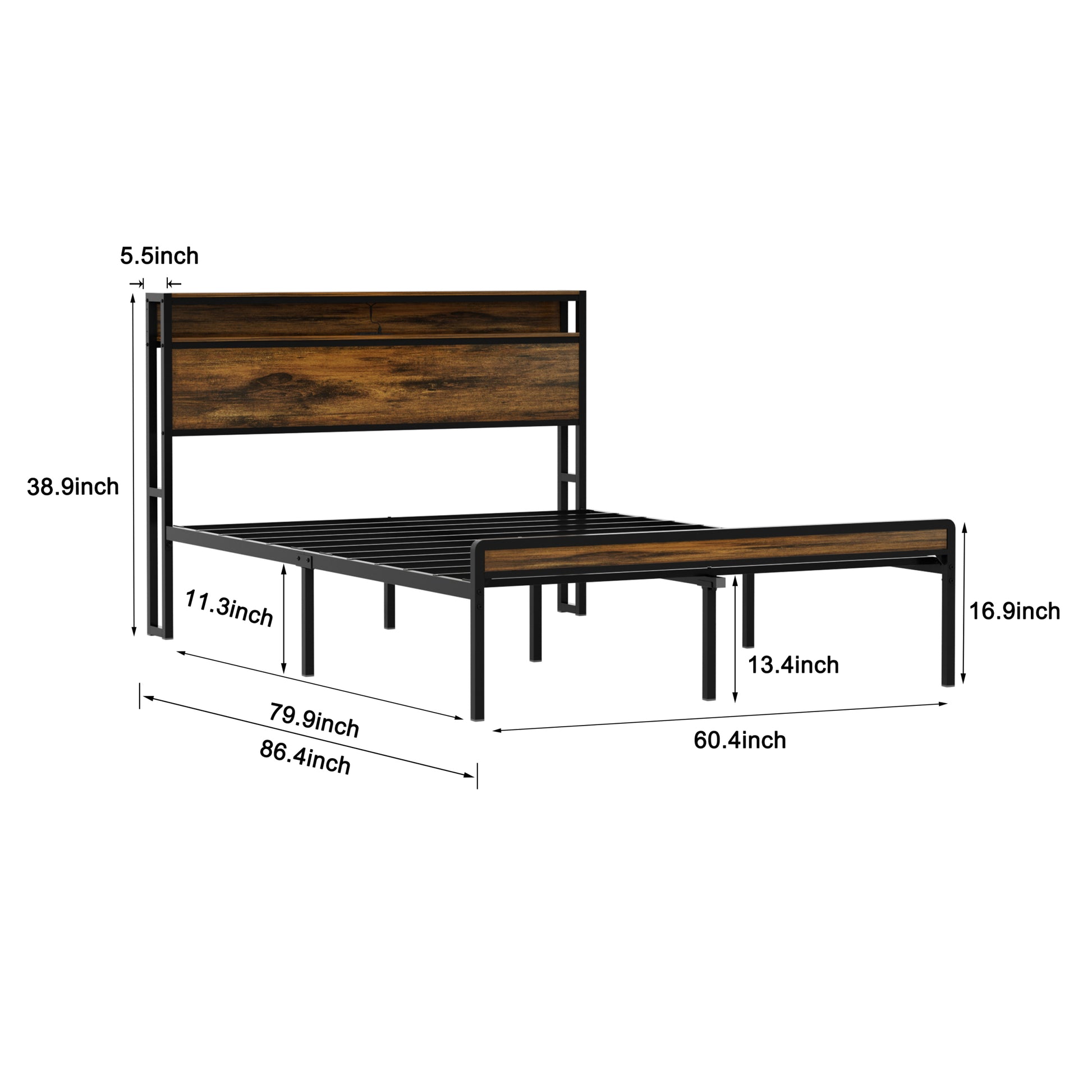 Queen Size Bed Frame, Storage Headboard With Led Light, Charging Station, Solid And Stable, Noise Free, No Box Spring Needed, Easy Assembly, Vintage Brown Box Spring Not Required Queen Antique Brown Iron Brown Bedroom American Design Bed Frame Particle